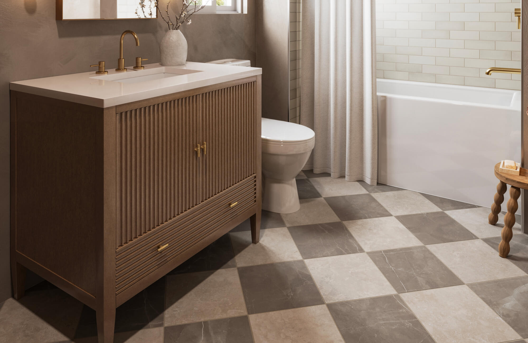 null Refined single sink vanity with fluted wood design, brass hardware, and checkerboard stone tile flooring.
