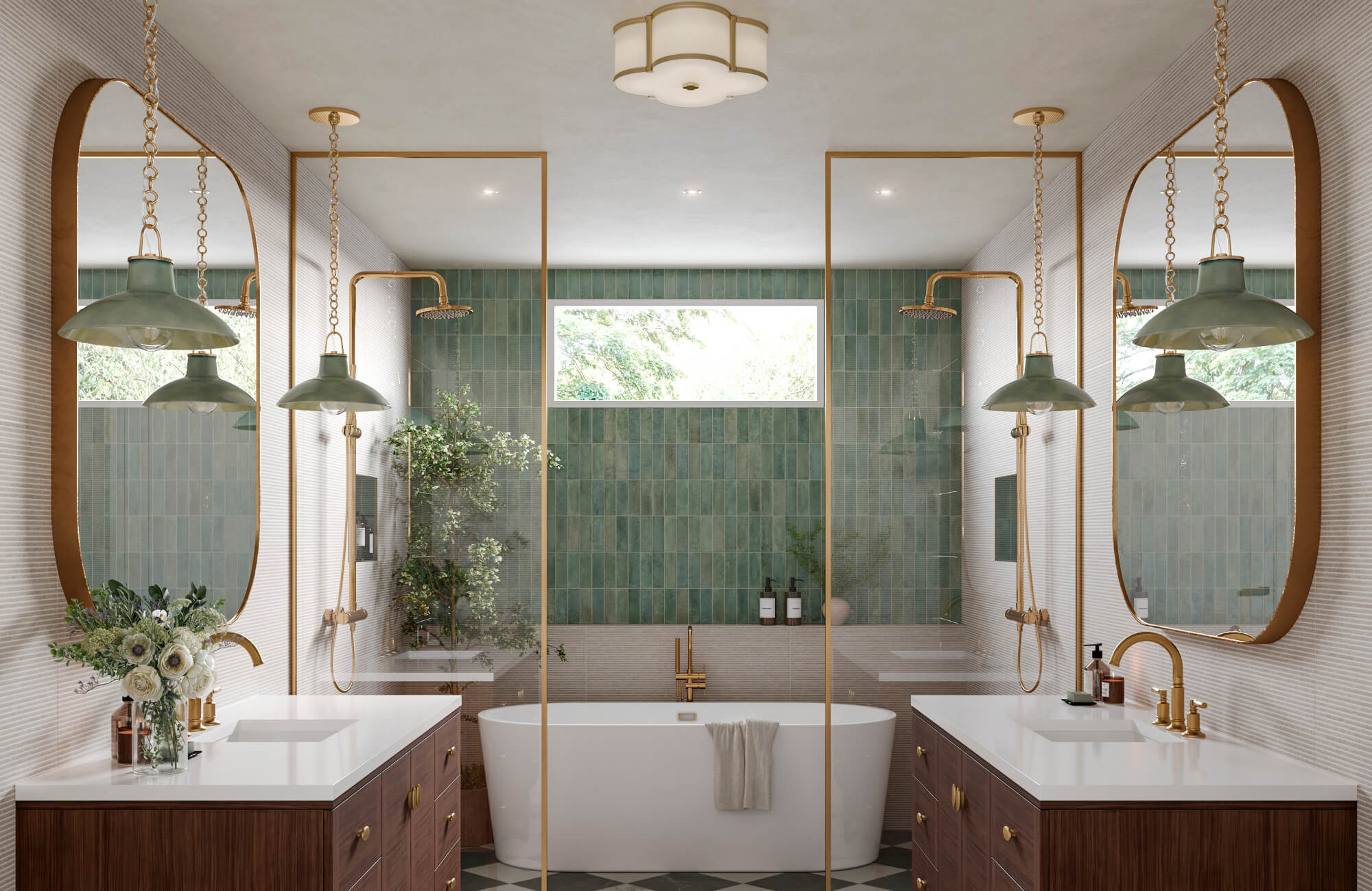 Elegant bathroom with green vertical tiles, brass fixtures, pendant lights, and a freestanding tub framed by double vanities.