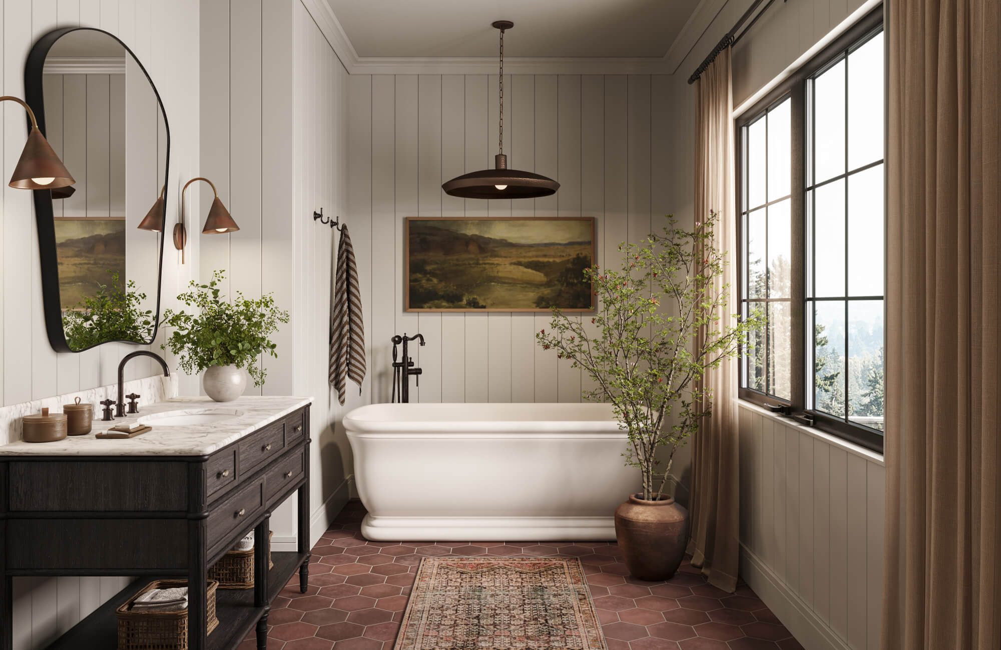 Rust-toned hexagon floor tiles ground this rustic bathroom, featuring a freestanding tub, dark vanity, and warm pendant lighting.
