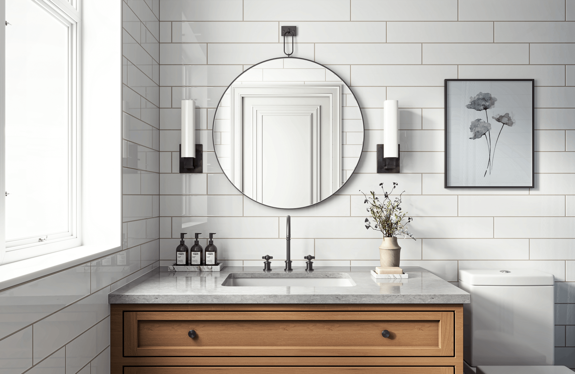null Modern bathroom with glossy white subway tiles, round mirror, oak vanity, and minimalist black and white wall sconces.