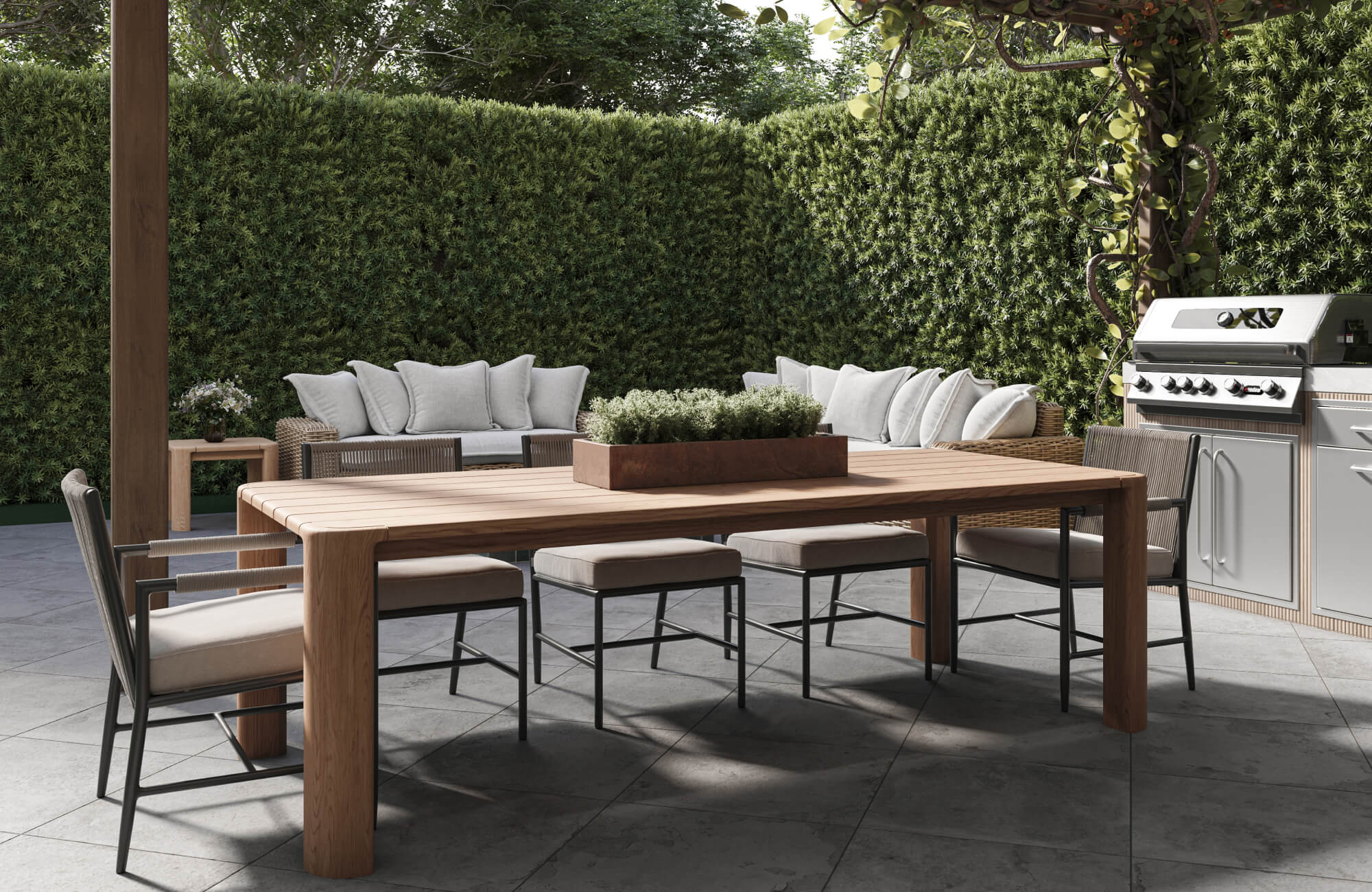 Spacious patio dining area with teak outdoor furniture, including a large table, cushioned chairs, and a grill station.