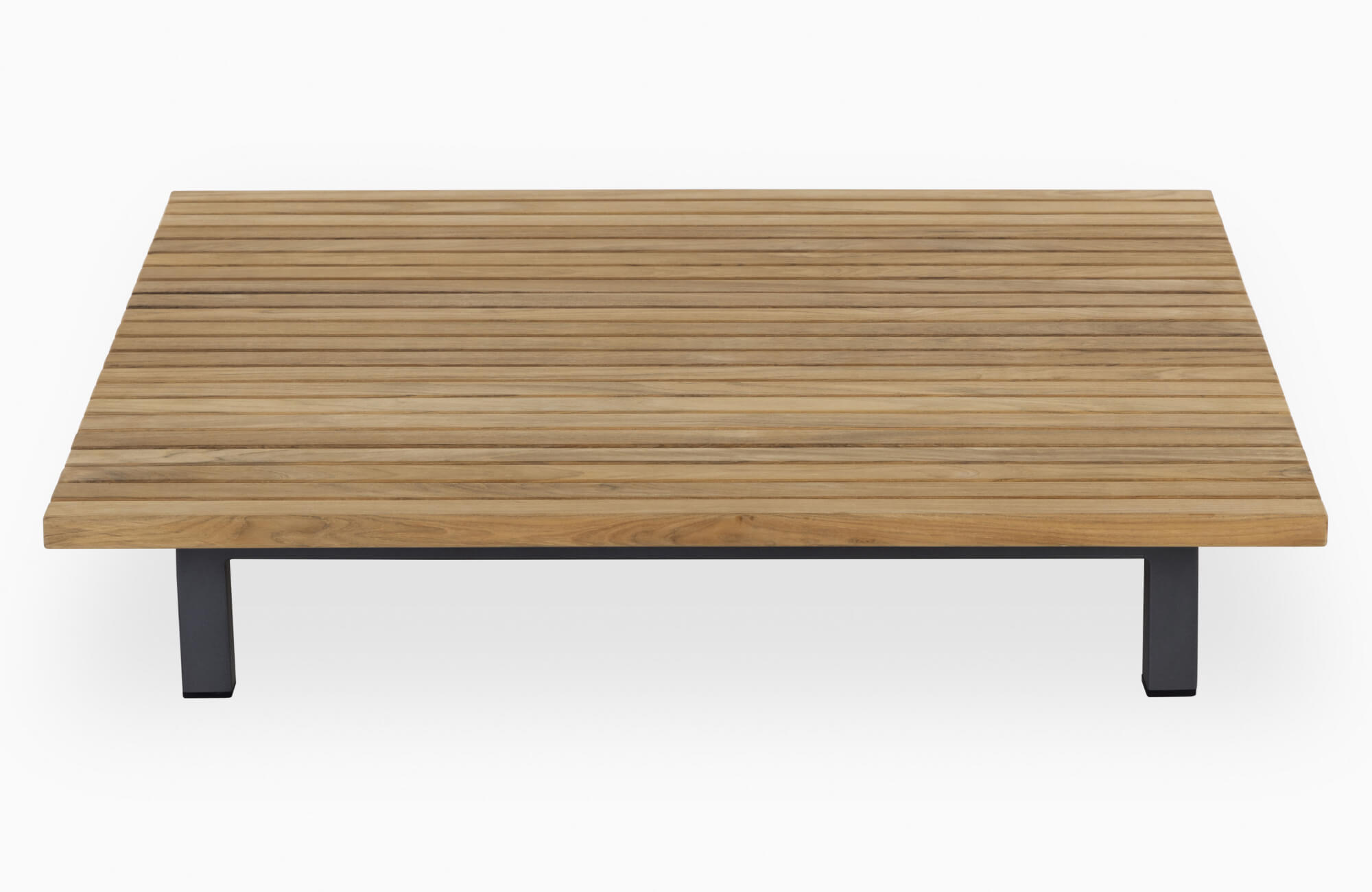 Minimalist teak outdoor furniture coffee table with a slatted wood top and metal base.