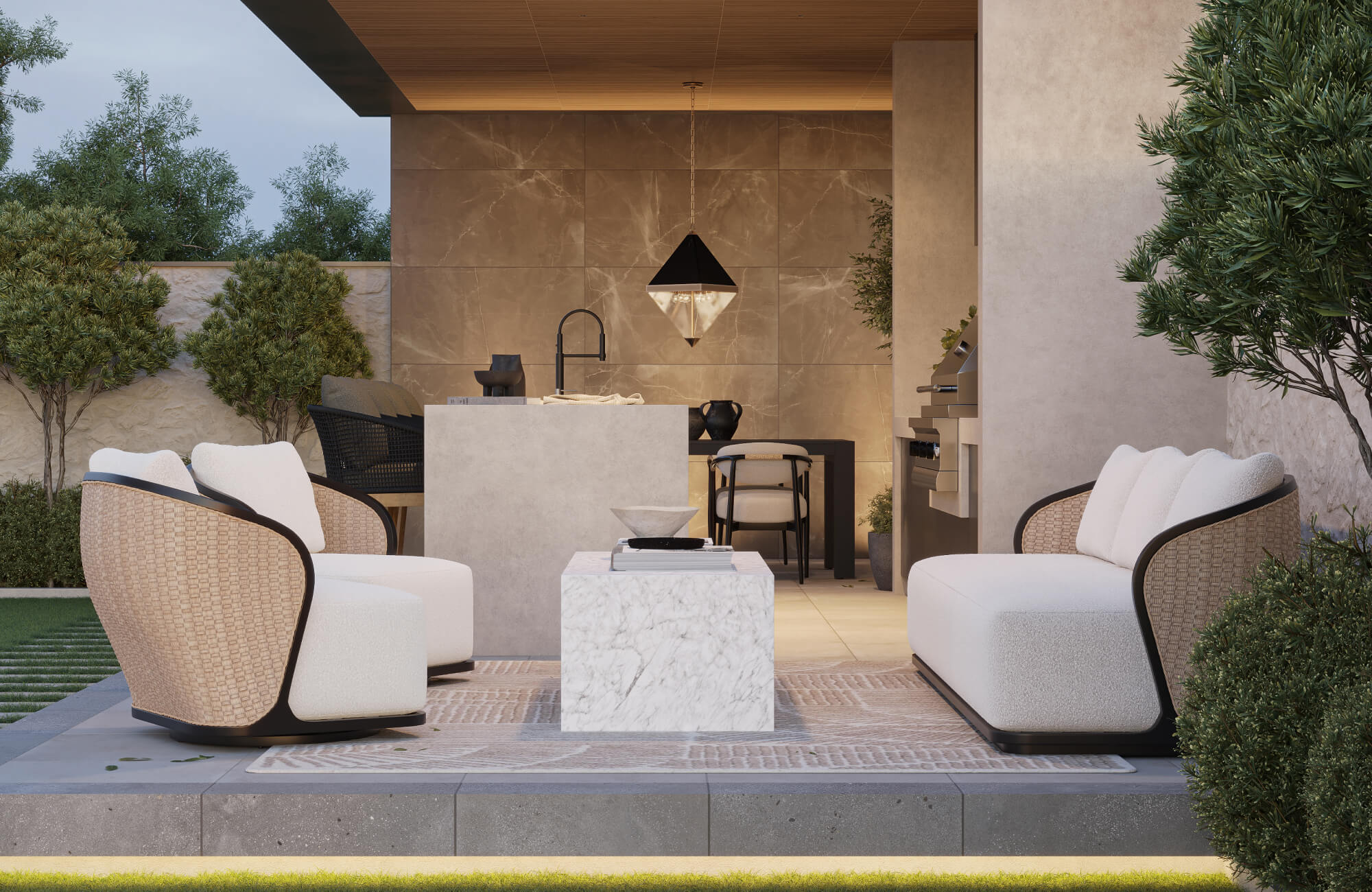 Modern patio lounge with teak outdoor furniture, including cushioned sofas, armchairs, and a marble coffee table.