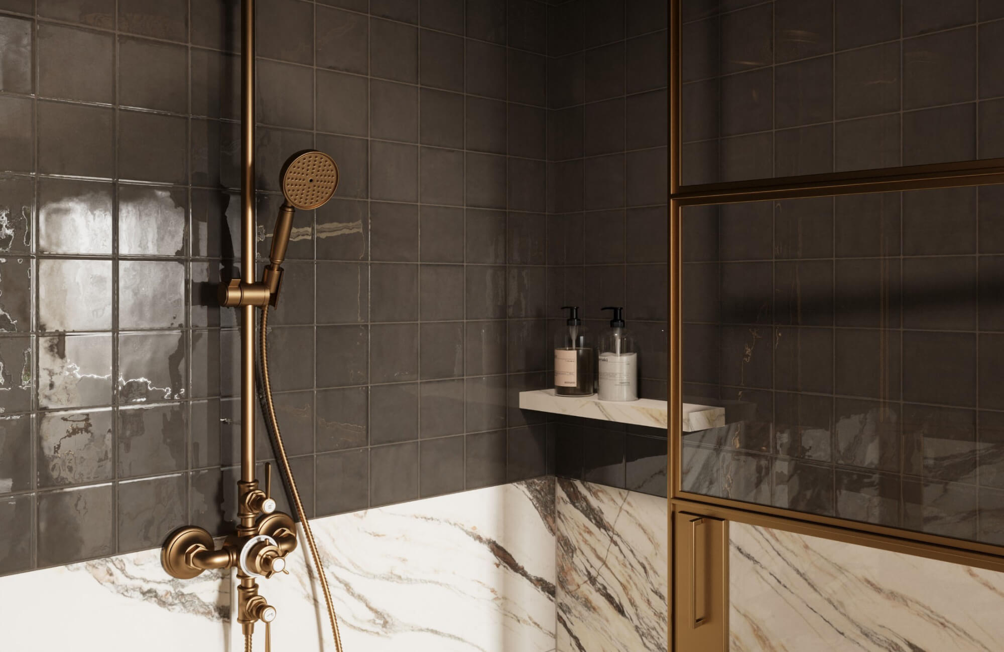 Dark brown tiled shower with glossy square tiles, brass fixtures, glass partition, and marble accent ledge for contrast.