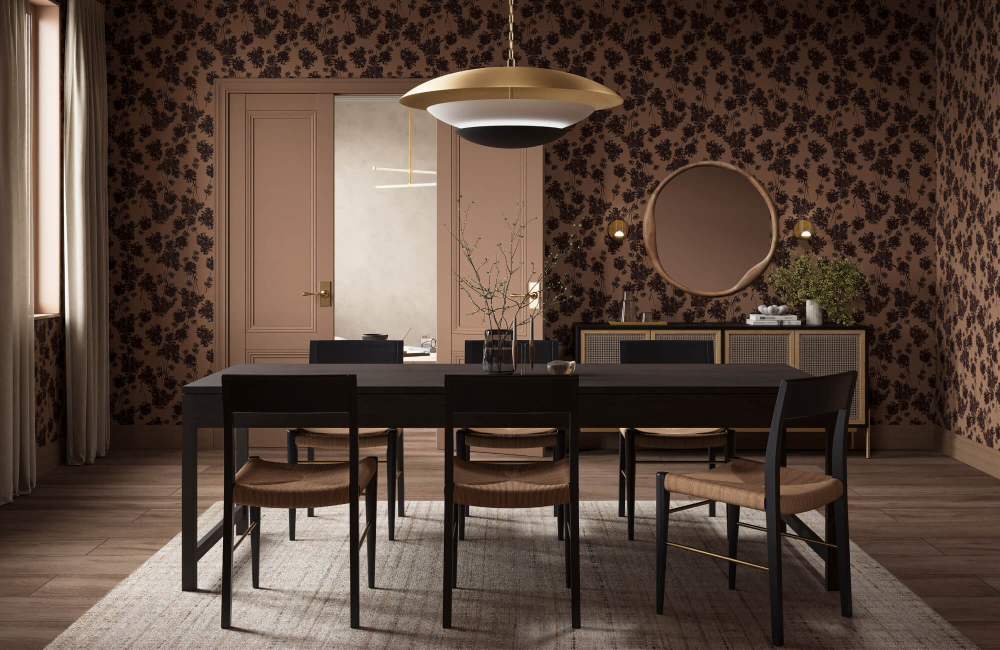 null Dining room with a wool natural fiber rug grounding a dark wood table and chairs, showcasing its soft yet resilient surface that adds warmth while holding its structure in a frequently used setting.