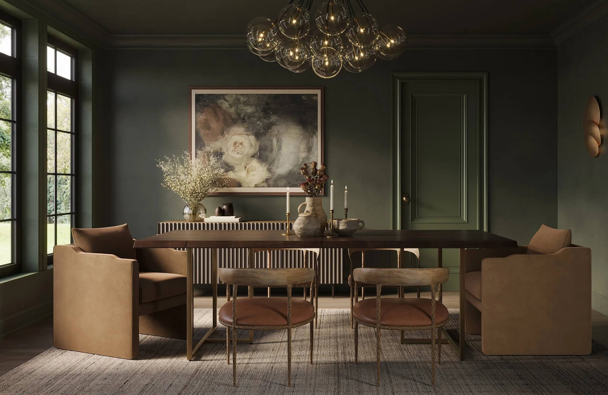 null Sophisticated dining space featuring a wool natural fiber rug, where its insulating fibers provide comfort underfoot while maintaining durability and a polished look over time.