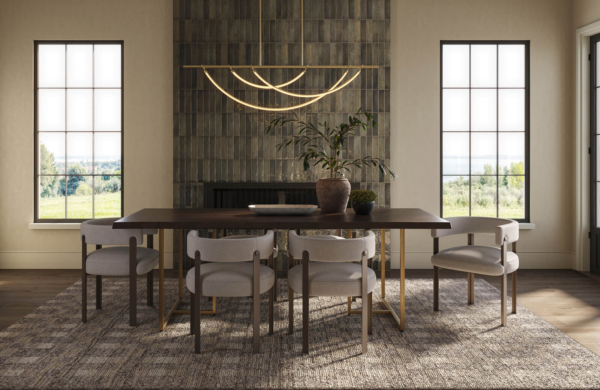 null Bright dining area with a wool natural fiber rug anchoring the table and seating, emphasizing its natural resilience, organic texture, and ability to maintain a clean, structured look with regular use.