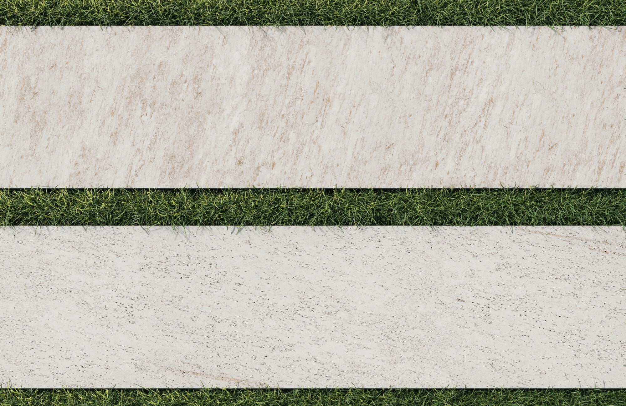 null Beige stone-look paver tiles laid in a linear pattern with lush green grass joints, creating a clean, modern walkway that blends natural texture with contemporary outdoor design.