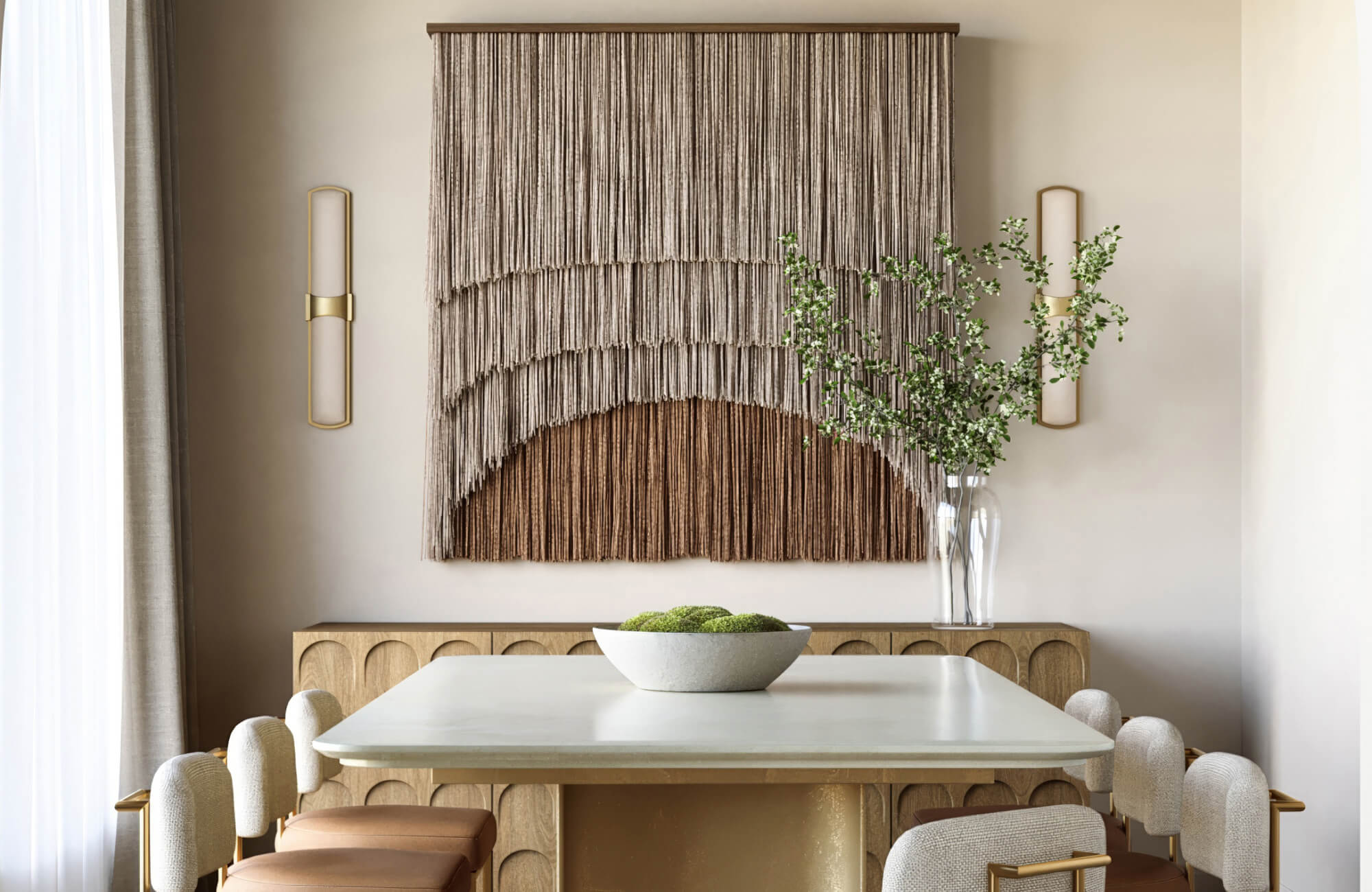 null Modern dining room with vertical brass wall sconces, layered fiber art wall hanging, curved wood sideboard, and soft neutral palette for ambient charm