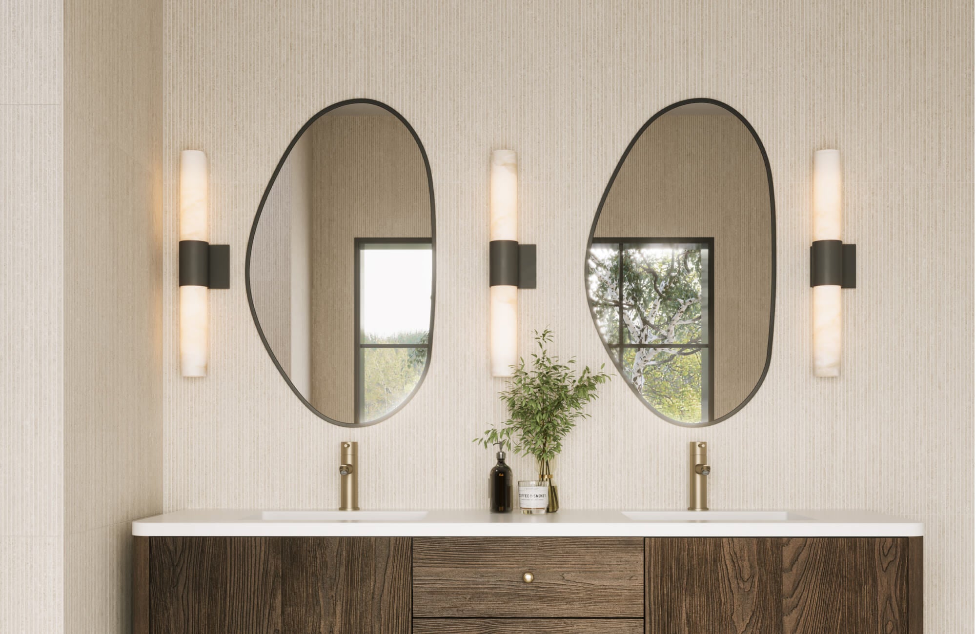 null Modern bathroom with sculptural vertical wall sconces, asymmetrical mirrors, rich wood vanity, and neutral textured walls for balanced, artistic lighting