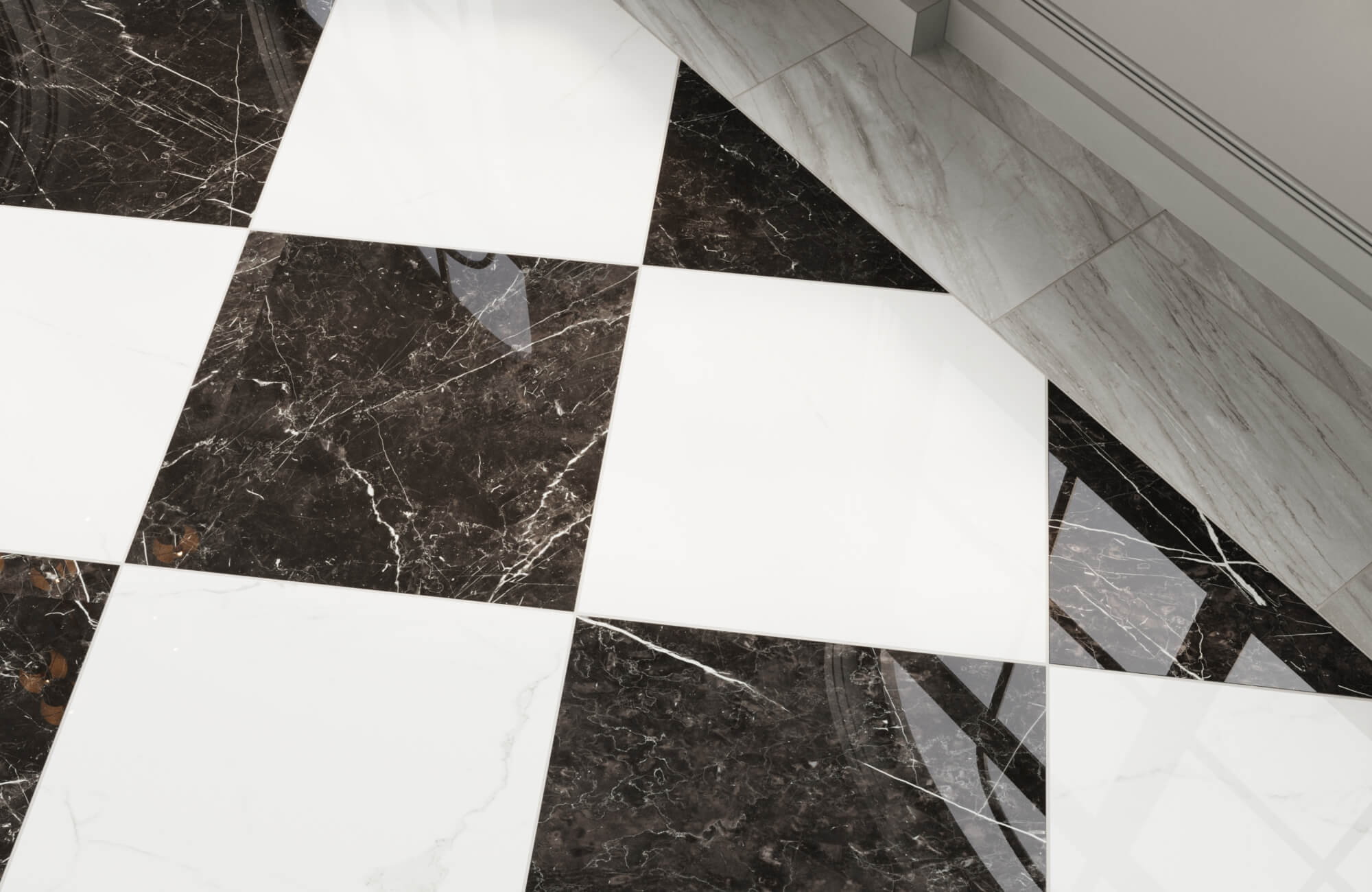 null Polished black and white marble tiles arranged in a classic checkered pattern, offering a luxurious floor design.