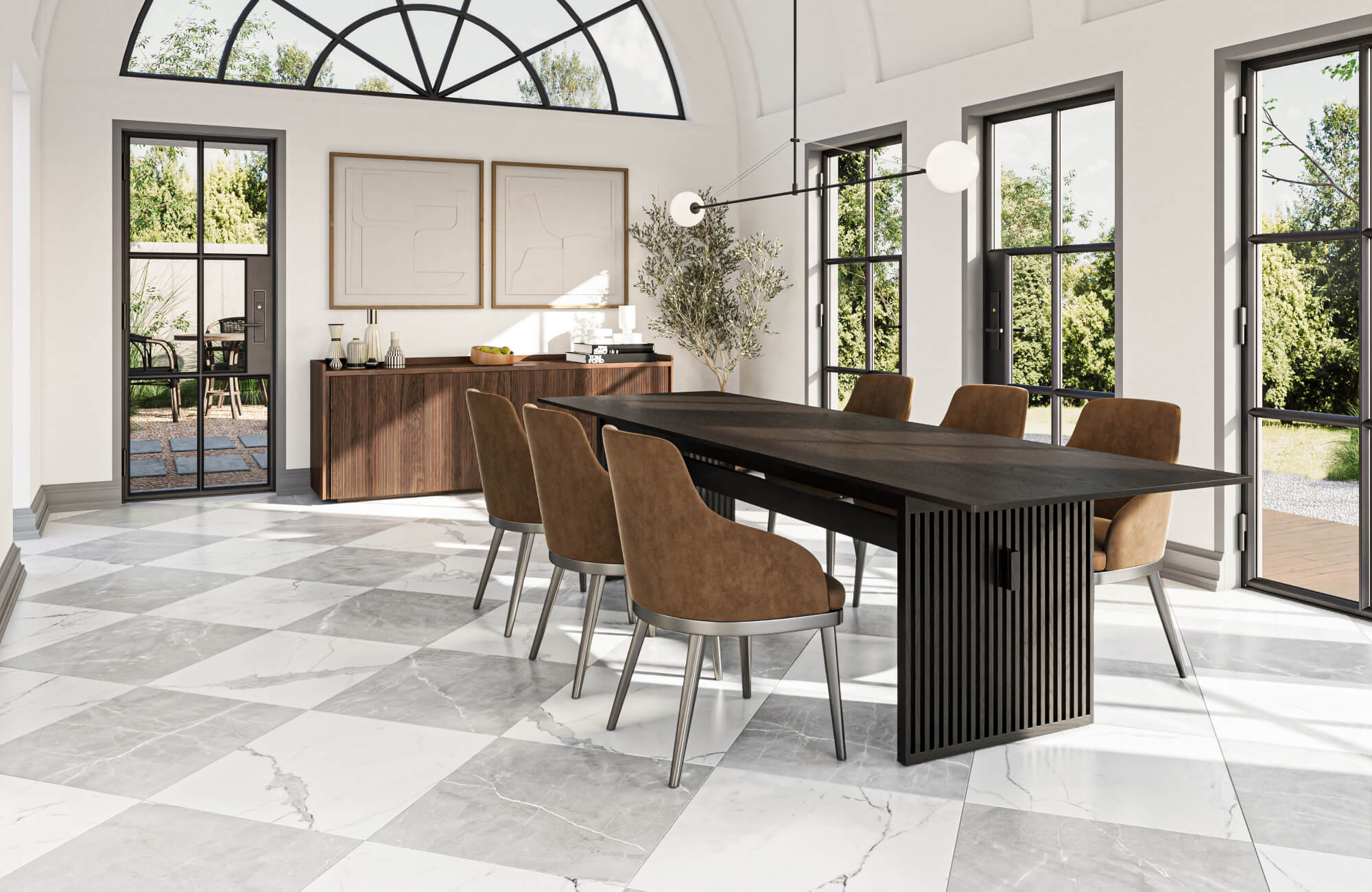 null Elegant dining room featuring large marble-effect checkered tiles, brown suede chairs, and expansive windows allowing natural light to flood the space.