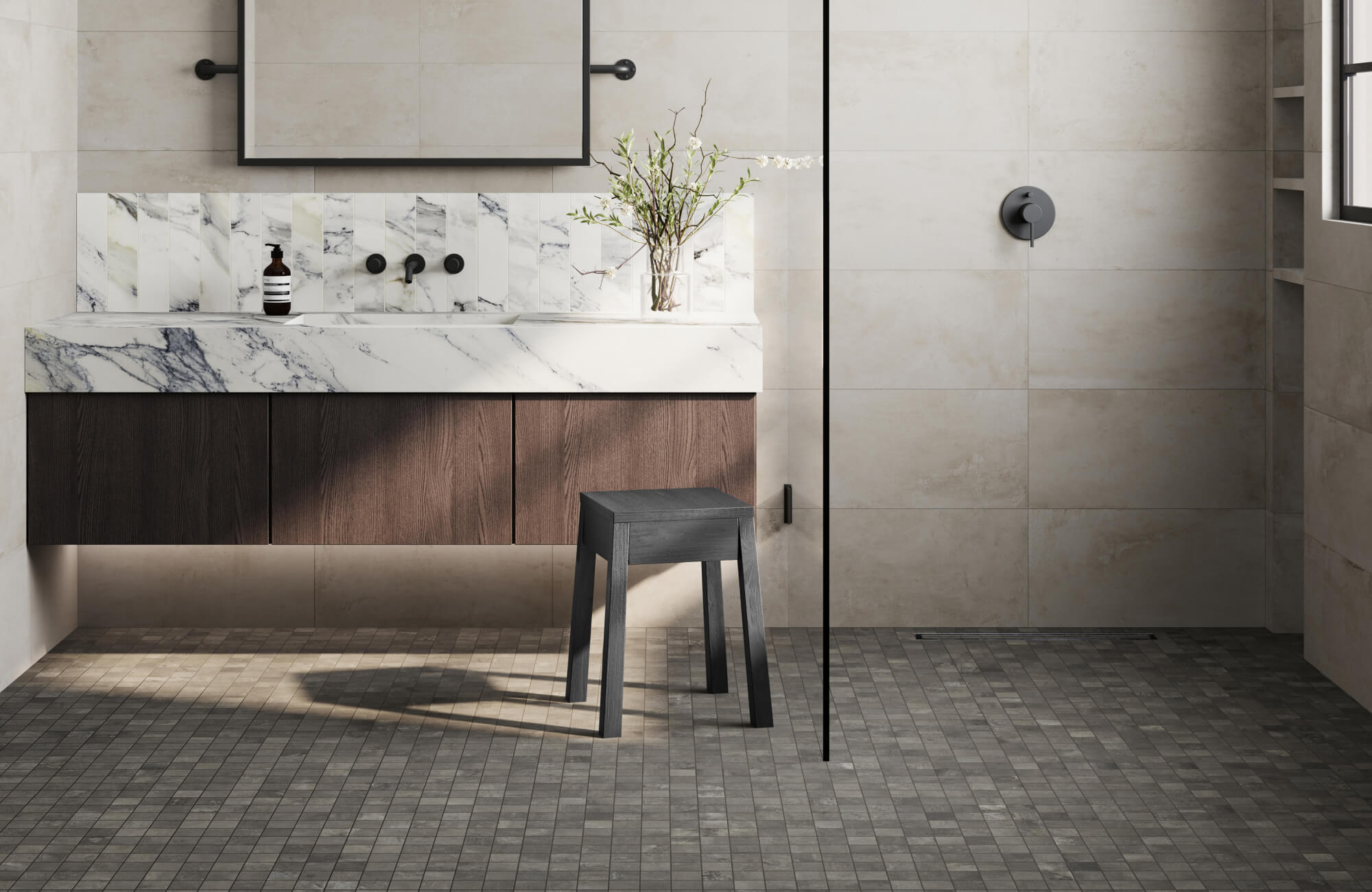 null Barrier-free walk-in shower with slip-resistant mosaic tile flooring and frameless glass panel, paired with a floating vanity and stool — modern, accessible bathroom design featuring a curbless entry, wide open layout, and textured floor for improved safety and ease of use.