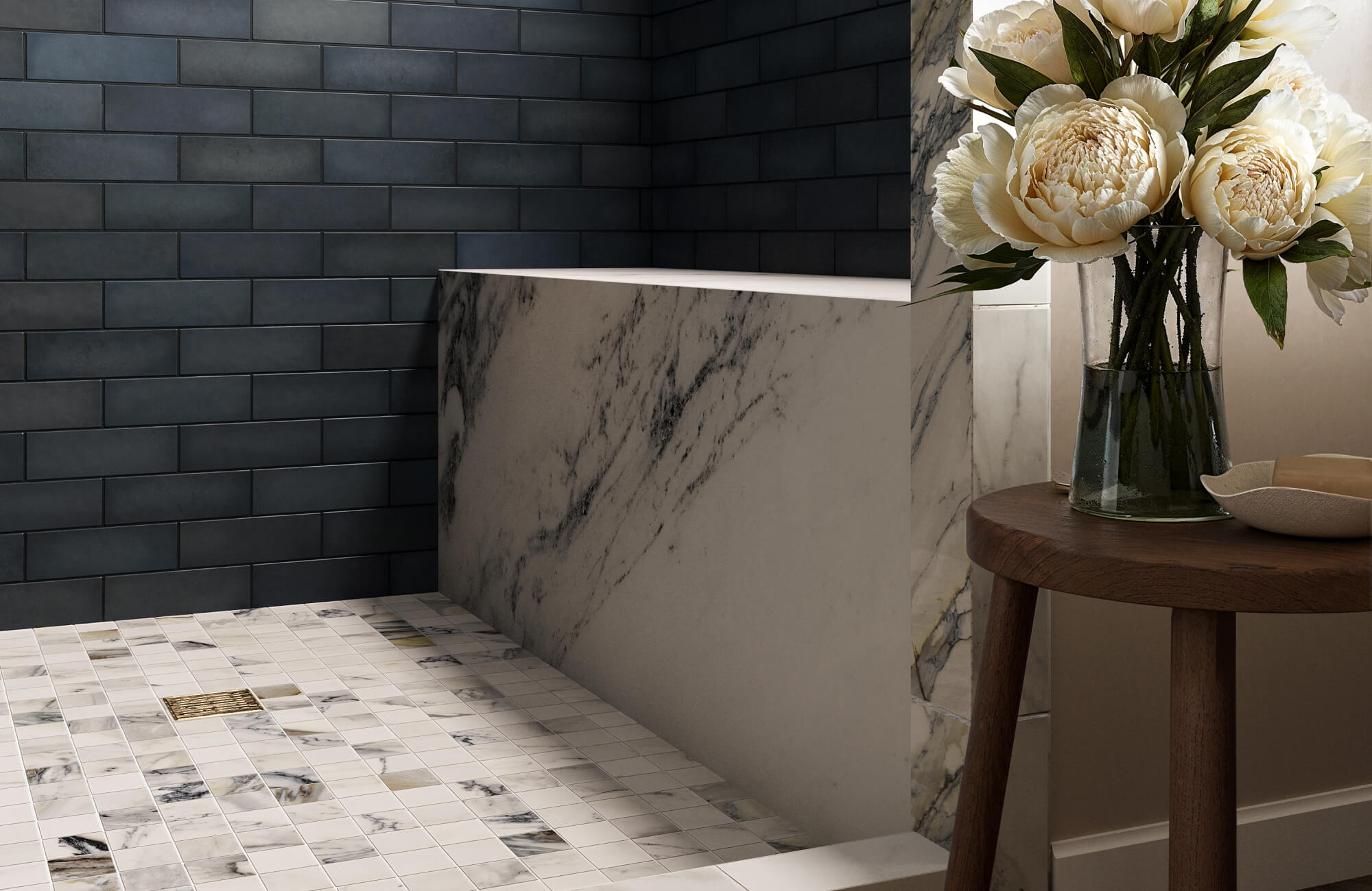 null Walk-in shower with slip-resistant mosaic tile flooring, low curb entry, and marble half wall for support — stylish, accessible design for traction, a partial divider for stability, and an open layout that reduces tripping hazards.
