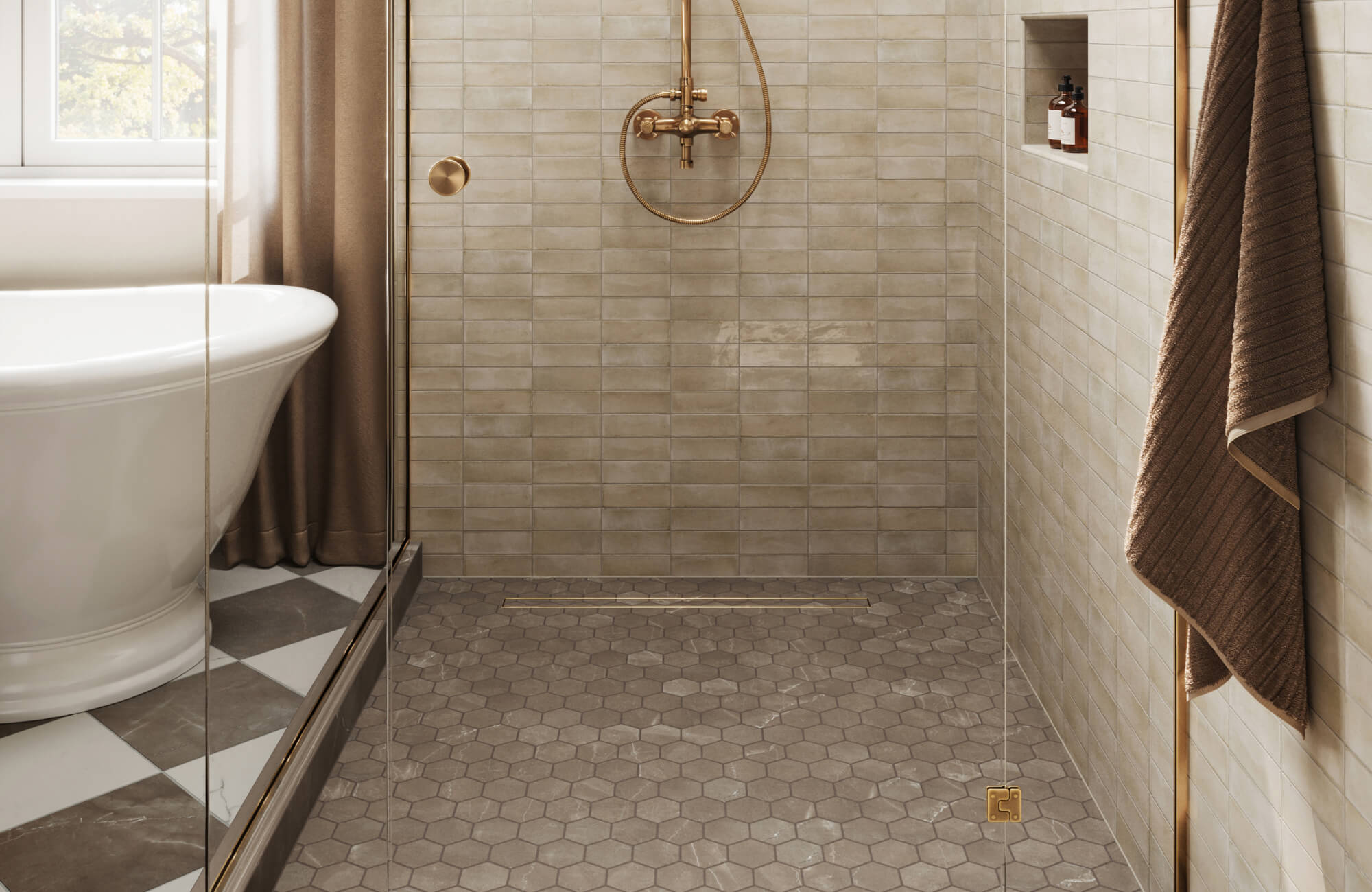 null Accessible walk-in shower with hexagon tile flooring and glass enclosure beside a freestanding tub — low-entry design with slip-resistant surface and built-in niche storage for safe, convenient use.