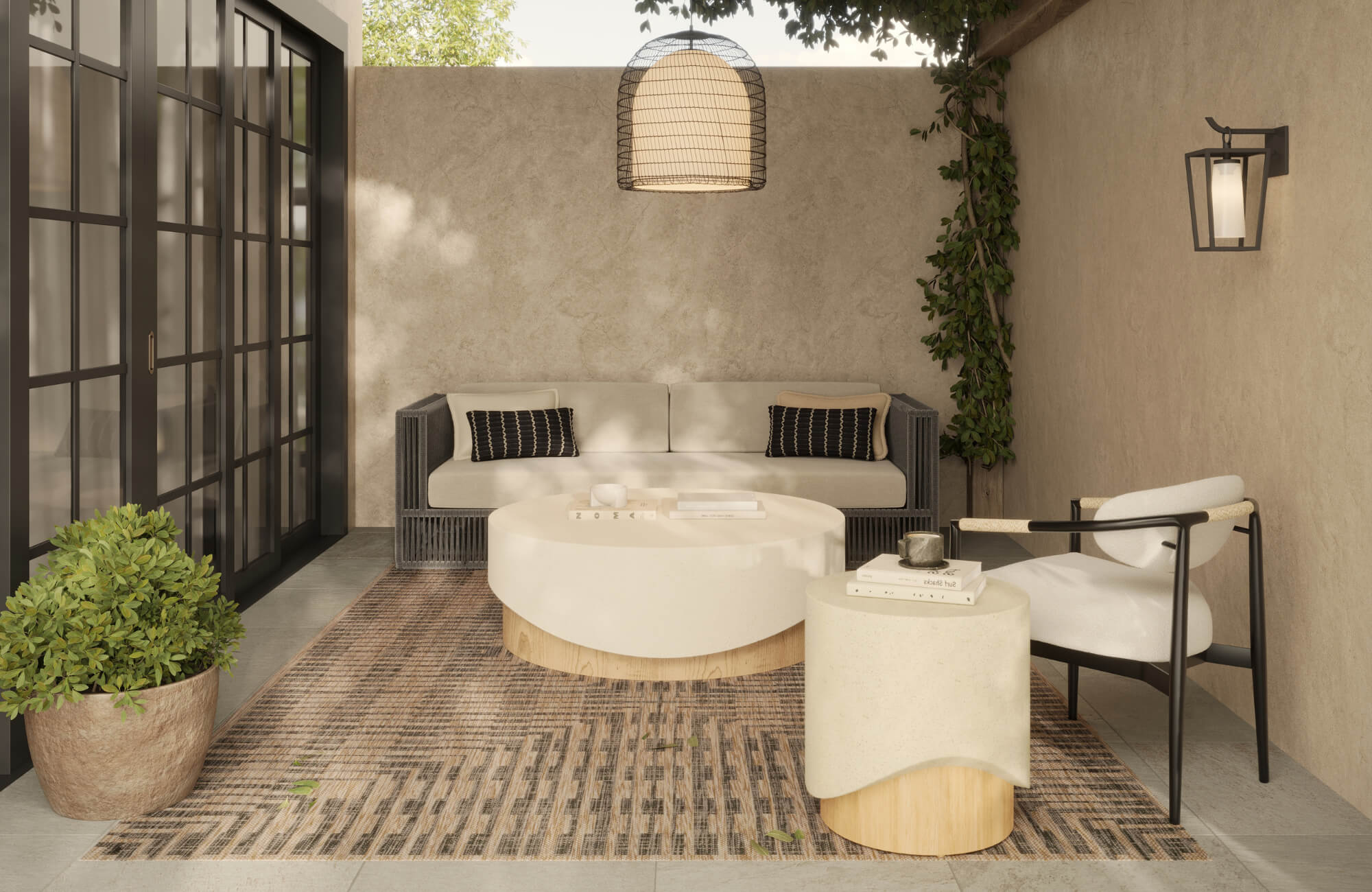 null Covered patio lounge with woven rug, neutral seating, layered textures, and climbing greenery for relaxed outdoor entertaining.