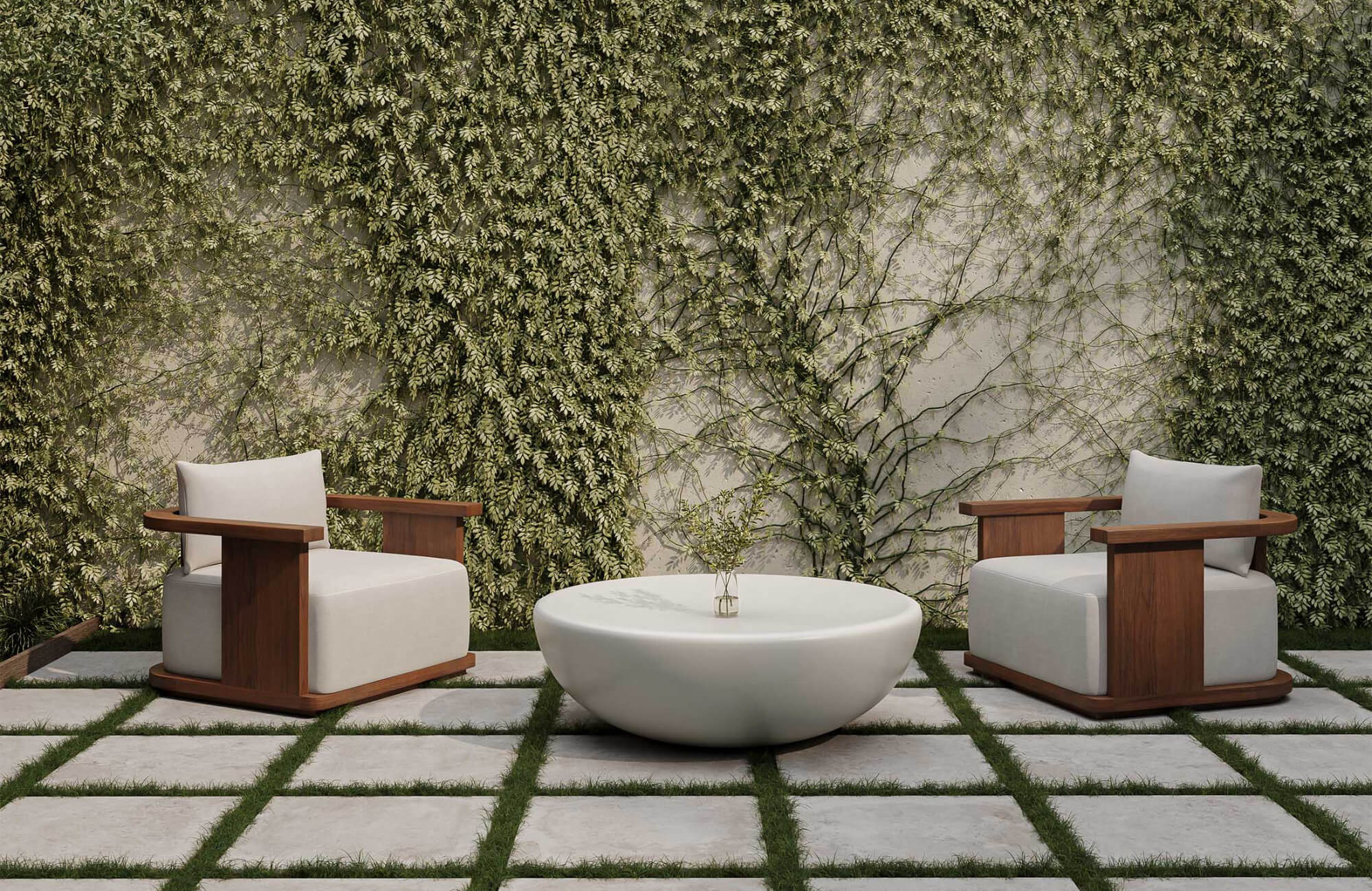 null Modern patio seating area with sculptural white chairs, grid pavers, and lush climbing vines creating added backyard privacy.