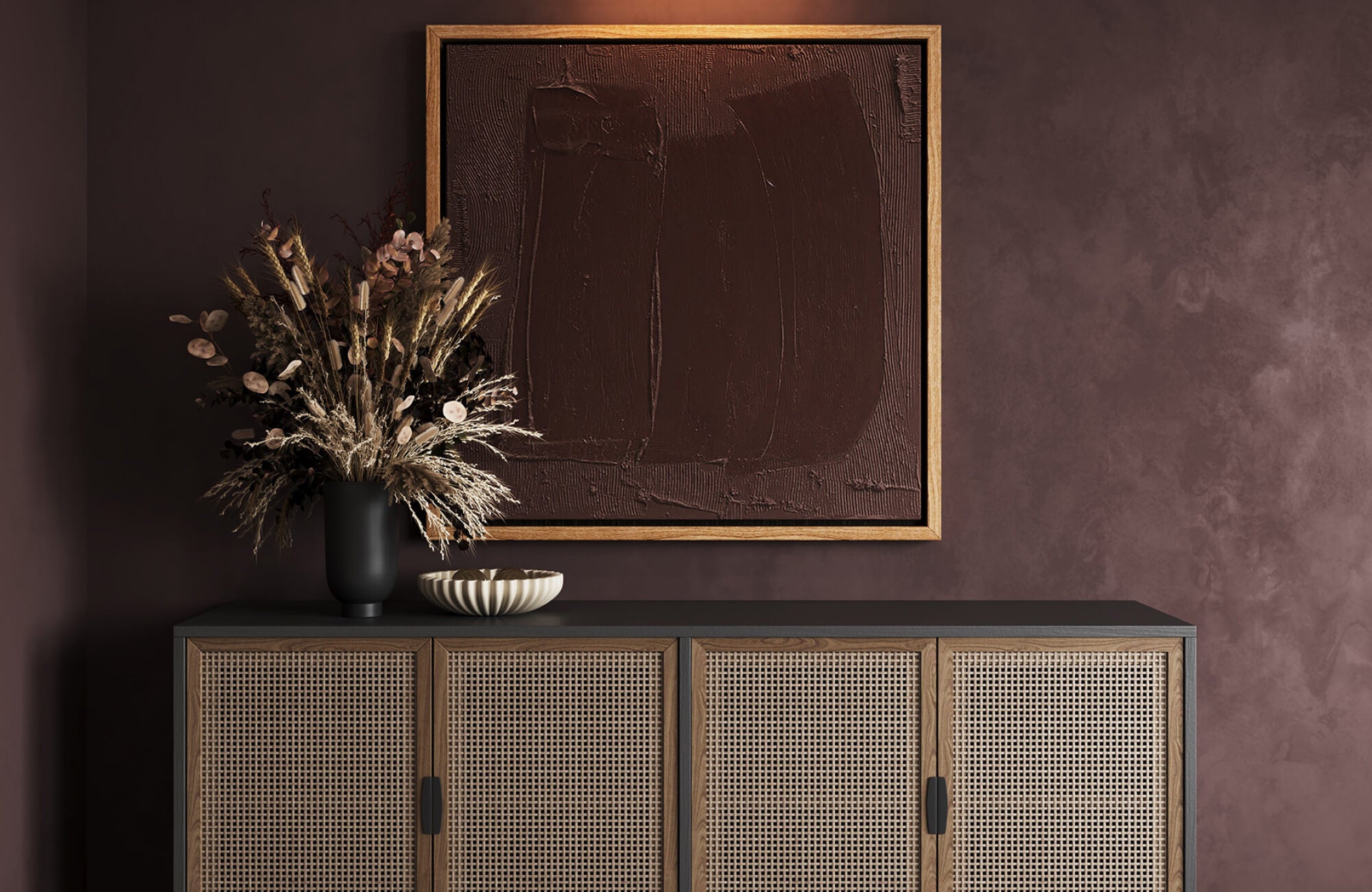 null Oversized brown abstract canvas with heavy texture anchors console in statement wall art trend