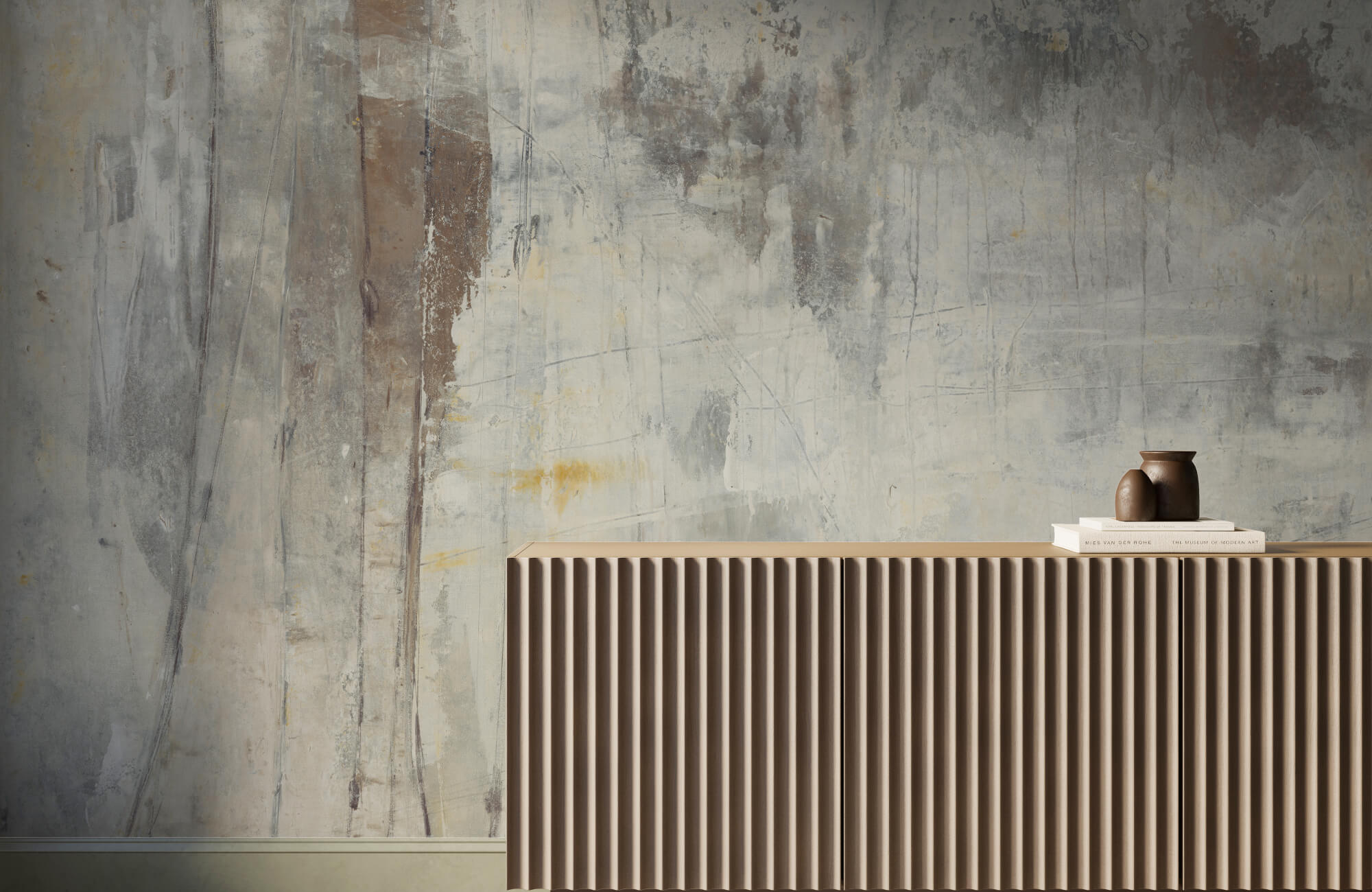 null Soft gray plaster-style mural with layered texture highlights the limewash wall art trend