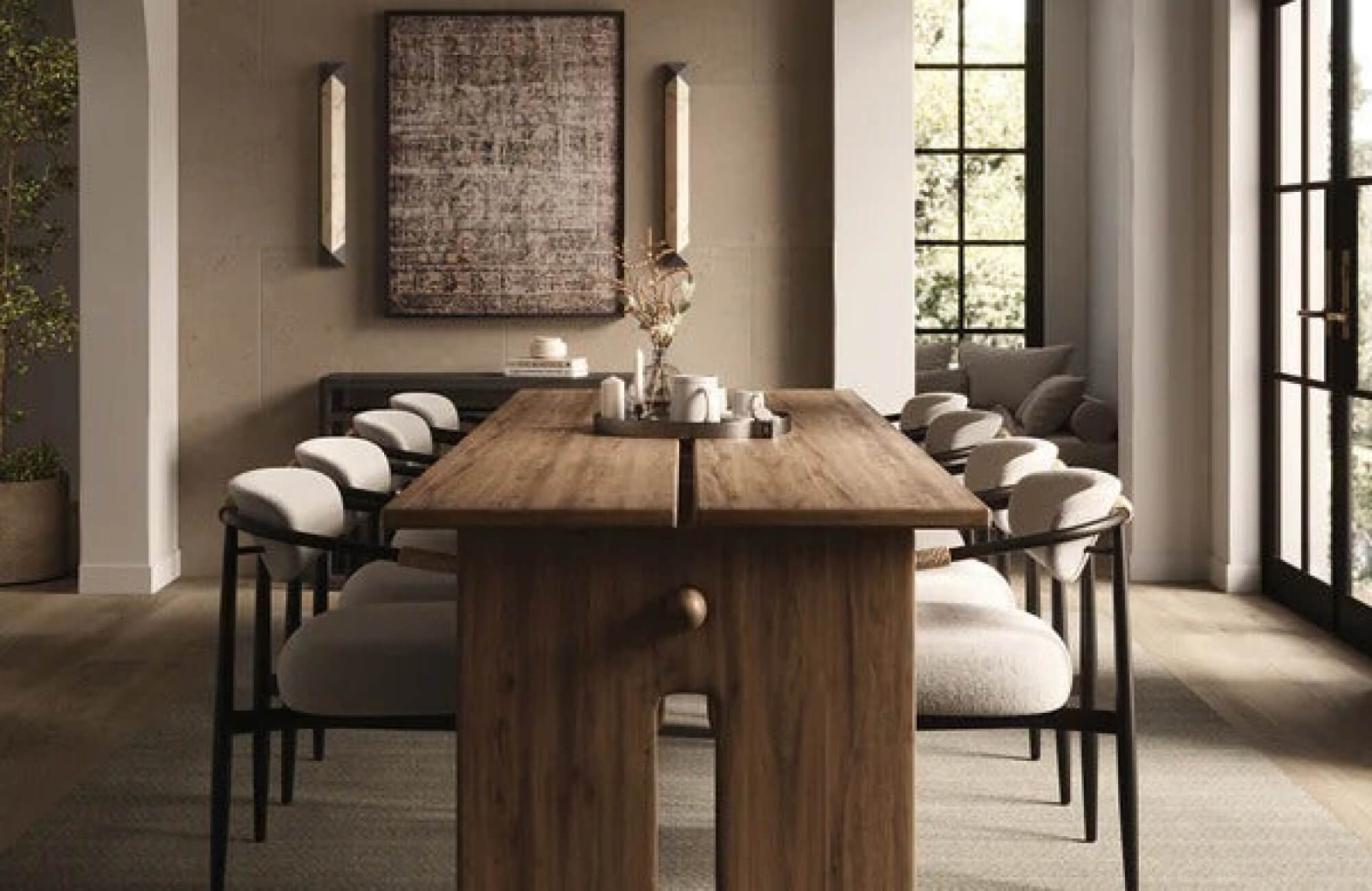 null Large neutral textile-inspired artwork centered above the dining table defines the oversized canvas trend