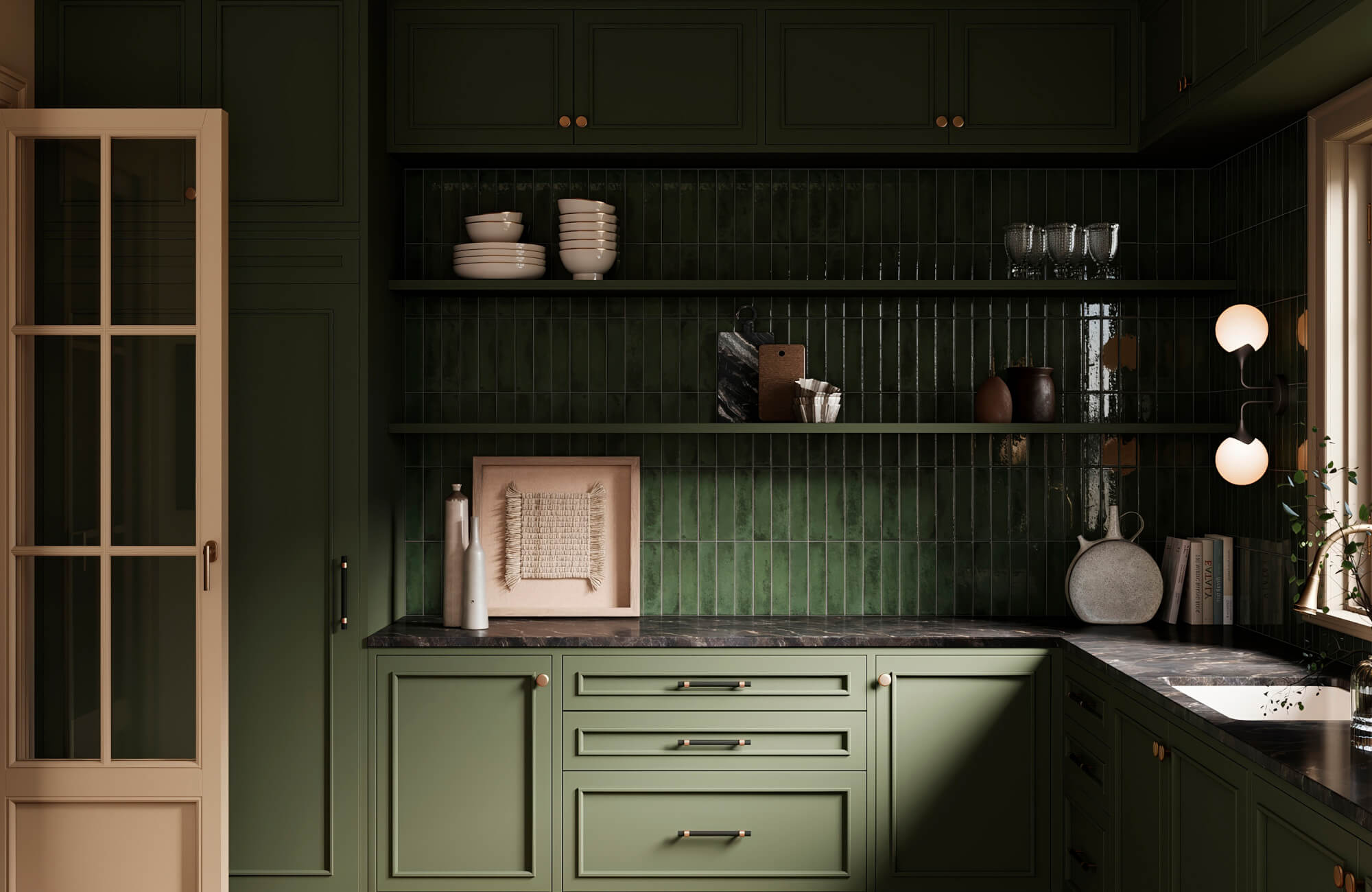 null A small framed textile art in the kitchen nook illustrates the unexpected placement of the wall art trend