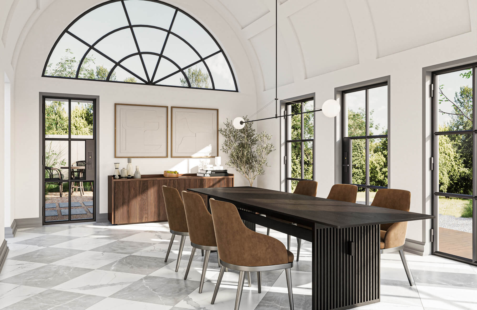 Modern dining room with large windows and arched ceiling, featuring gray and white checkered marble tiles.