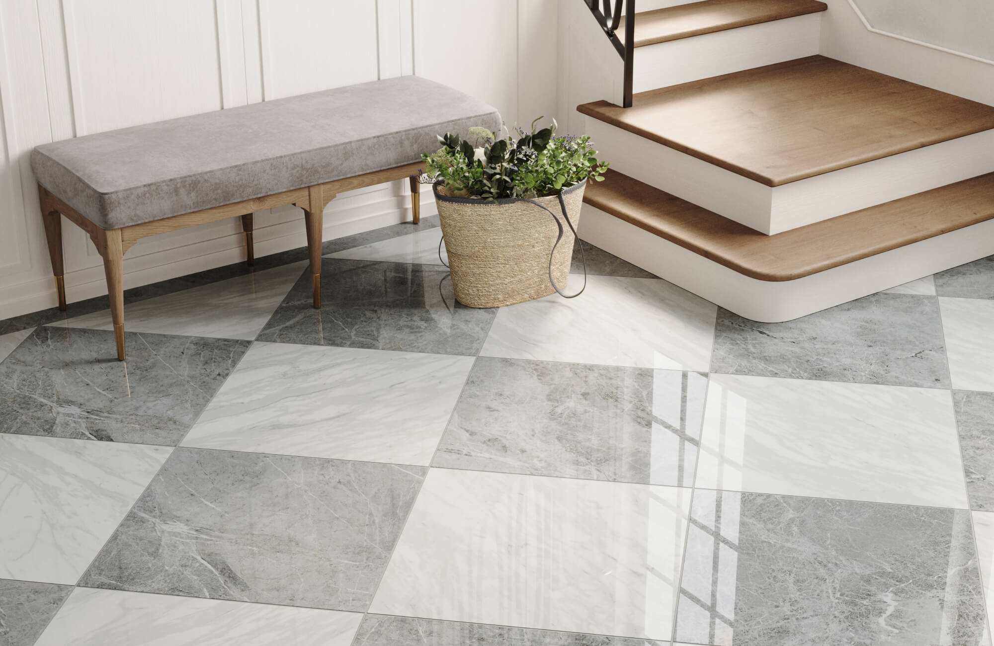 A modern entryway with a bench and a basket of greenery on a floor featuring large, polished gray and white checkered tiles.