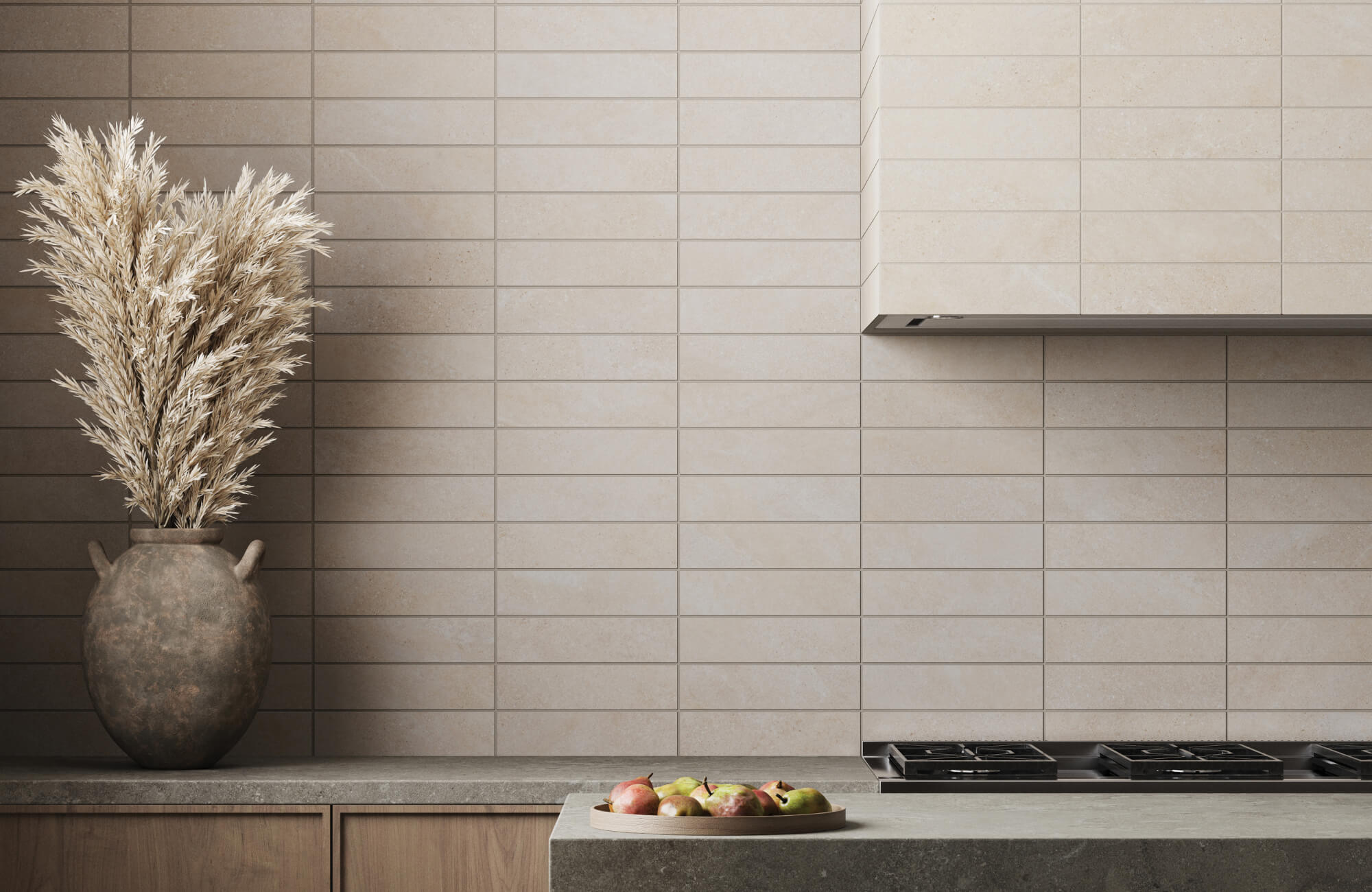 Textured beige subway tile backsplash in horizontal straight lay pattern brings warmth and elegance to this modern kitchen, complementing natural stone countertops and wood cabinetry.