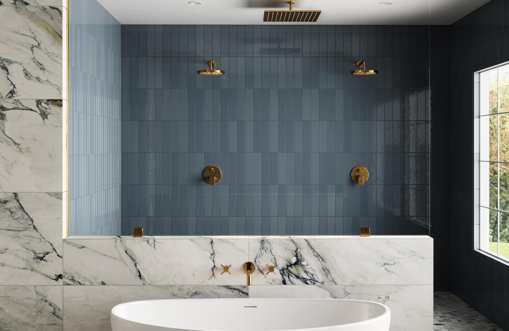 Sophisticated bathroom design with blue shower subway tiles installed in a vertical straight lay pattern, its glossy finish contrasts with marble accents and warm brass fixtures.