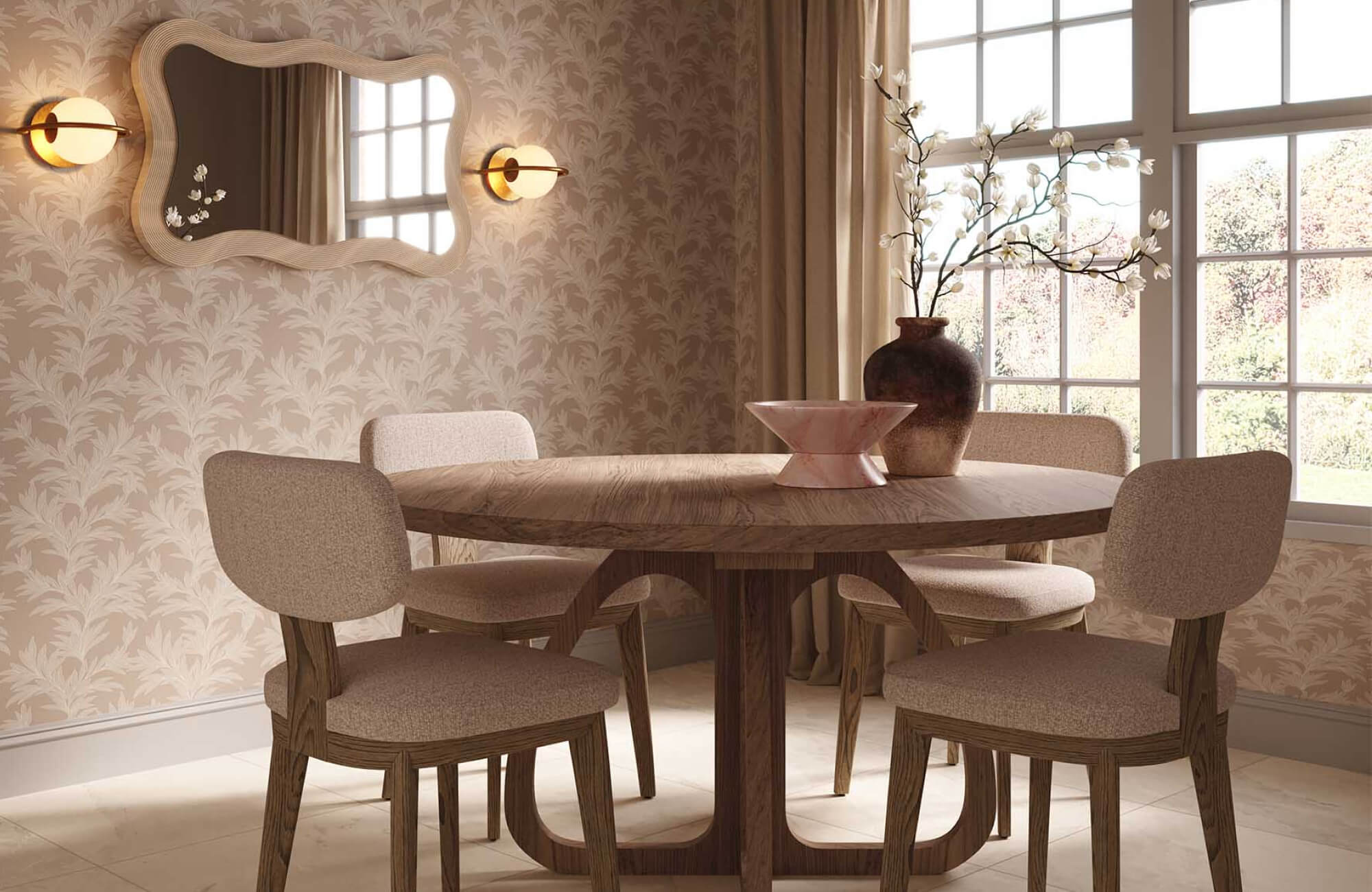 null Pink marble decorative bowl on a round wooden dining table in a soft dining nook with upholstered chairs, floral wallpaper, wall sconces, and a large window.