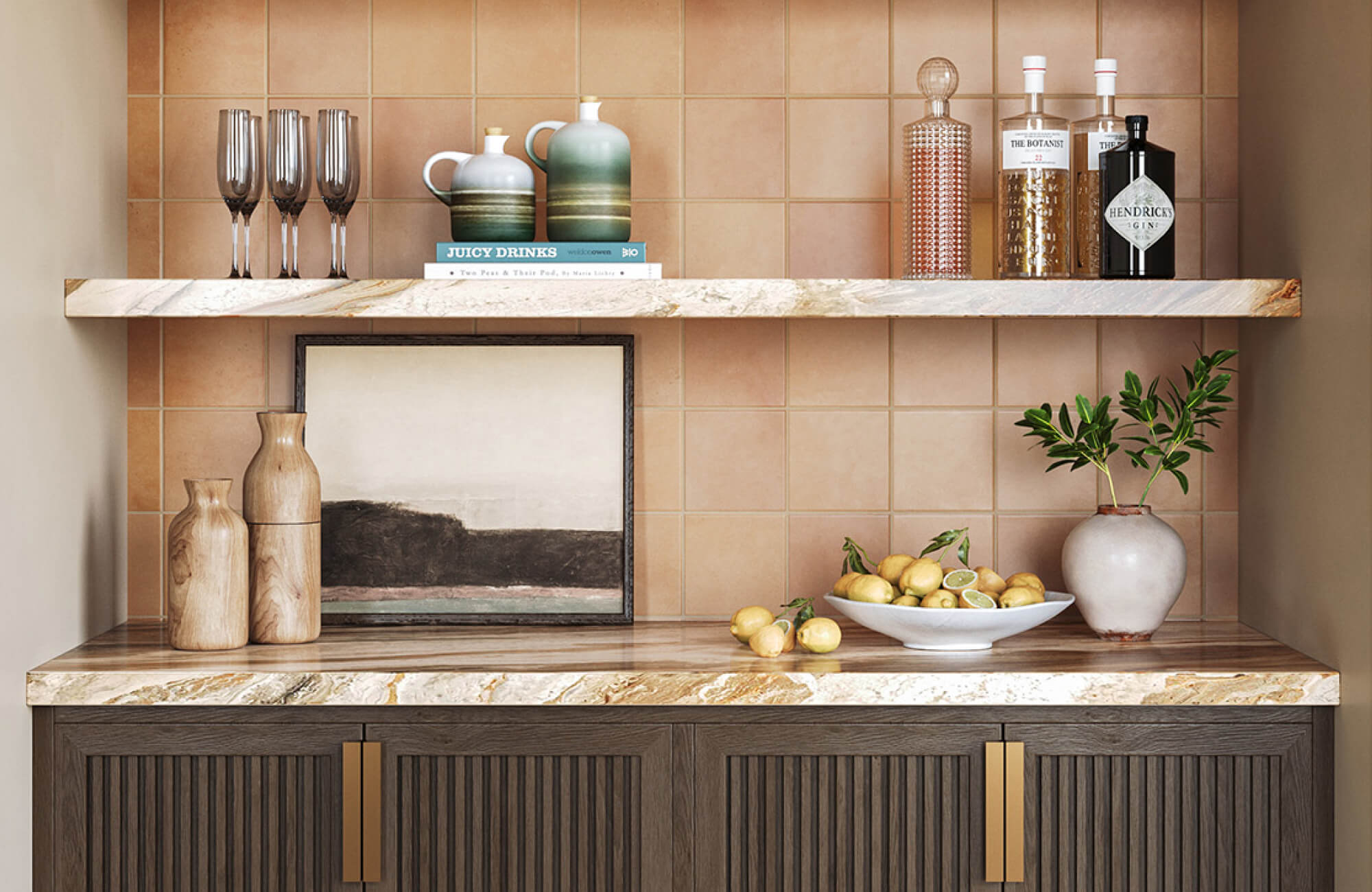 null White fruit bowl filled with lemons on a bar cabinet counter, styled with glassware, bottles, framed art, wood vases, and a small plant.