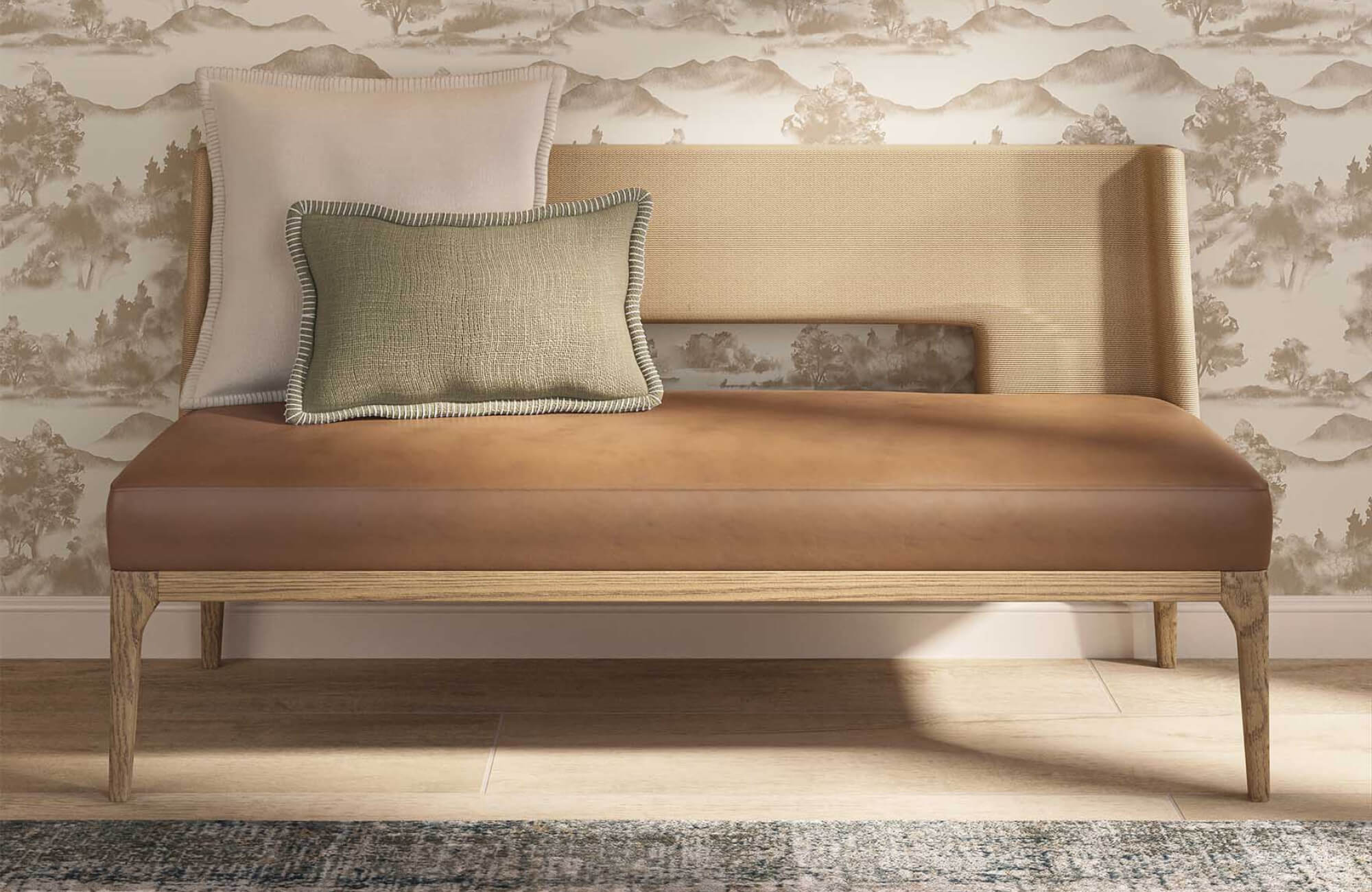 null Neutral-toned sofa with layered decorative pillows in square and lumbar shapes, showing how different pillow types create depth and balance in a seating arrangement.