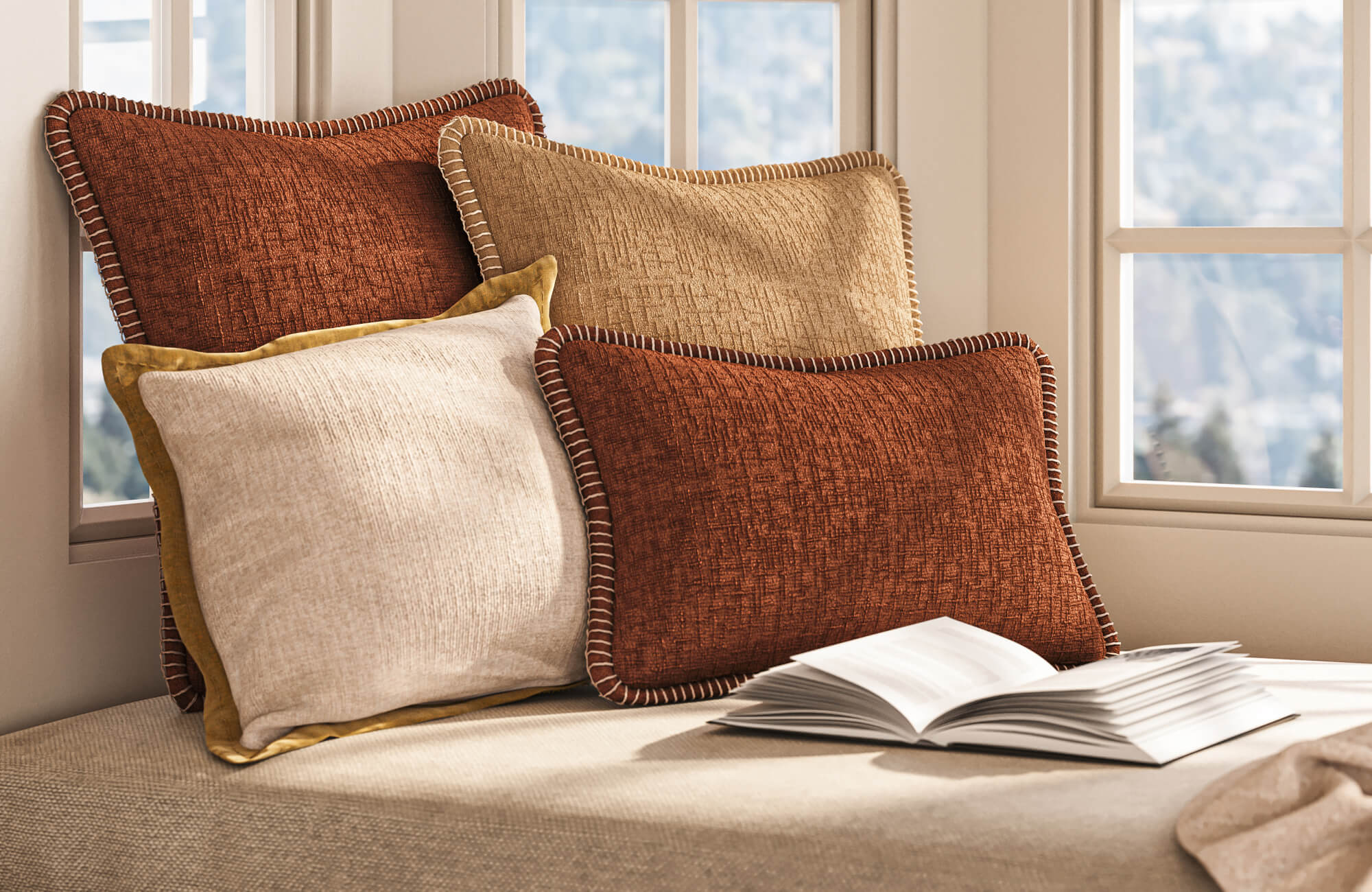 null Window bench styled with multiple square decorative pillows in warm tones, demonstrating layering techniques and variations in color and texture.