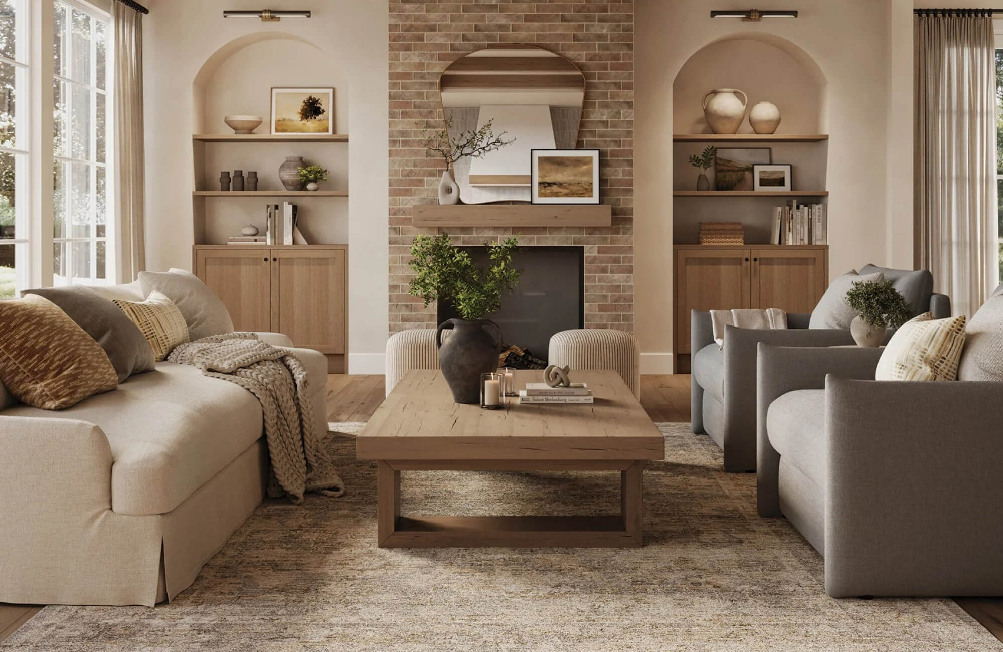 null Living room arrangement with neutral decorative pillows in different sizes and textures, illustrating how pillow types support a cohesive interior style.