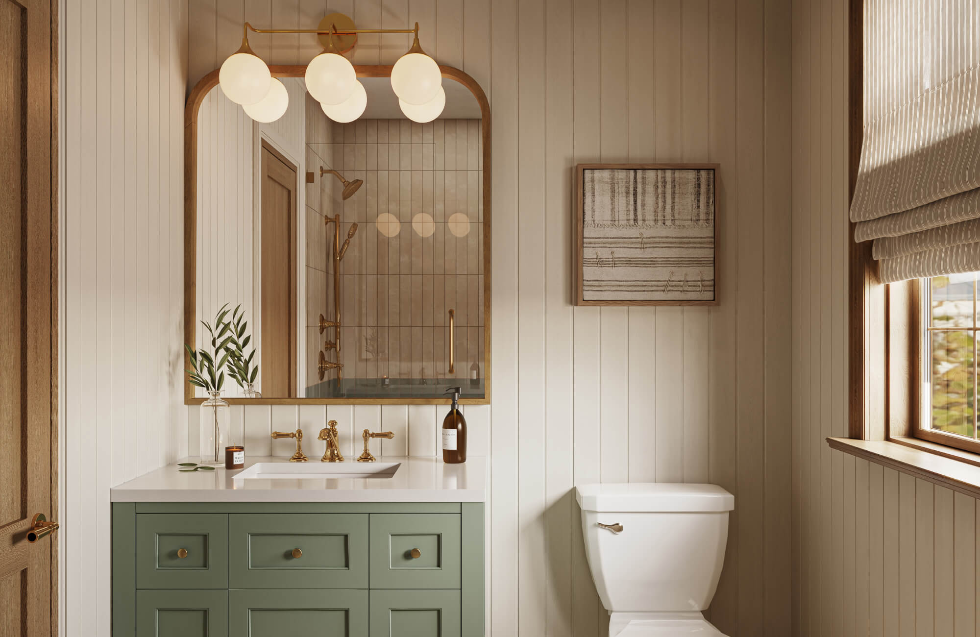 Soft-toned abstract wall art hung beside a mirror in a bright bathroom, complementing light panel walls and calm decor