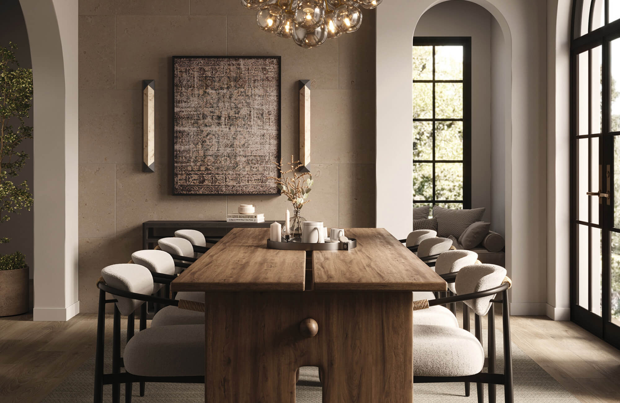 Large textured wall art centered above a dining table, creating a focal point against a neutral wall with warm lighting