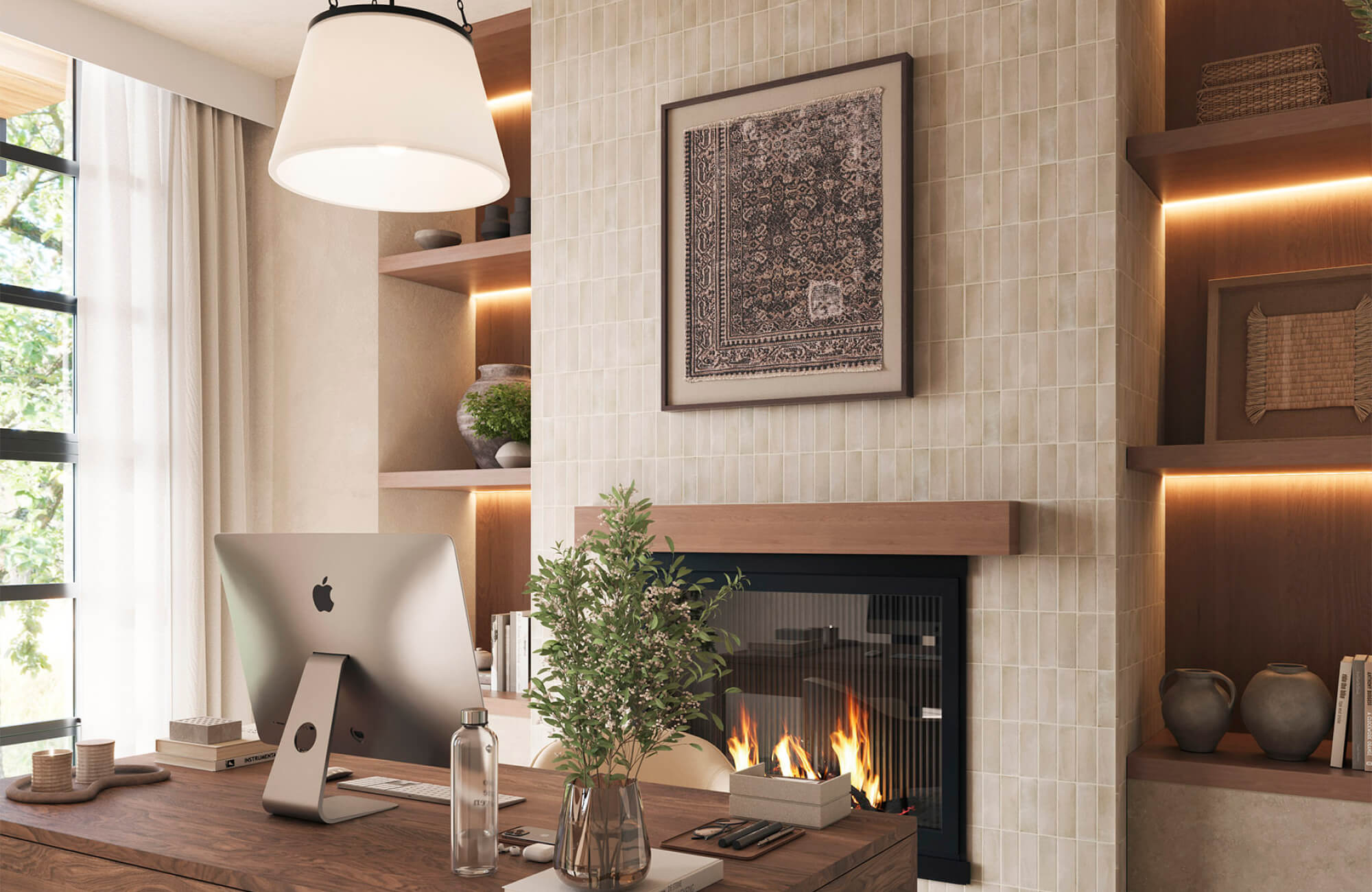 Bold abstract wall art above a sofa, adding contrast and visual interest to a modern living room with soft furnishings