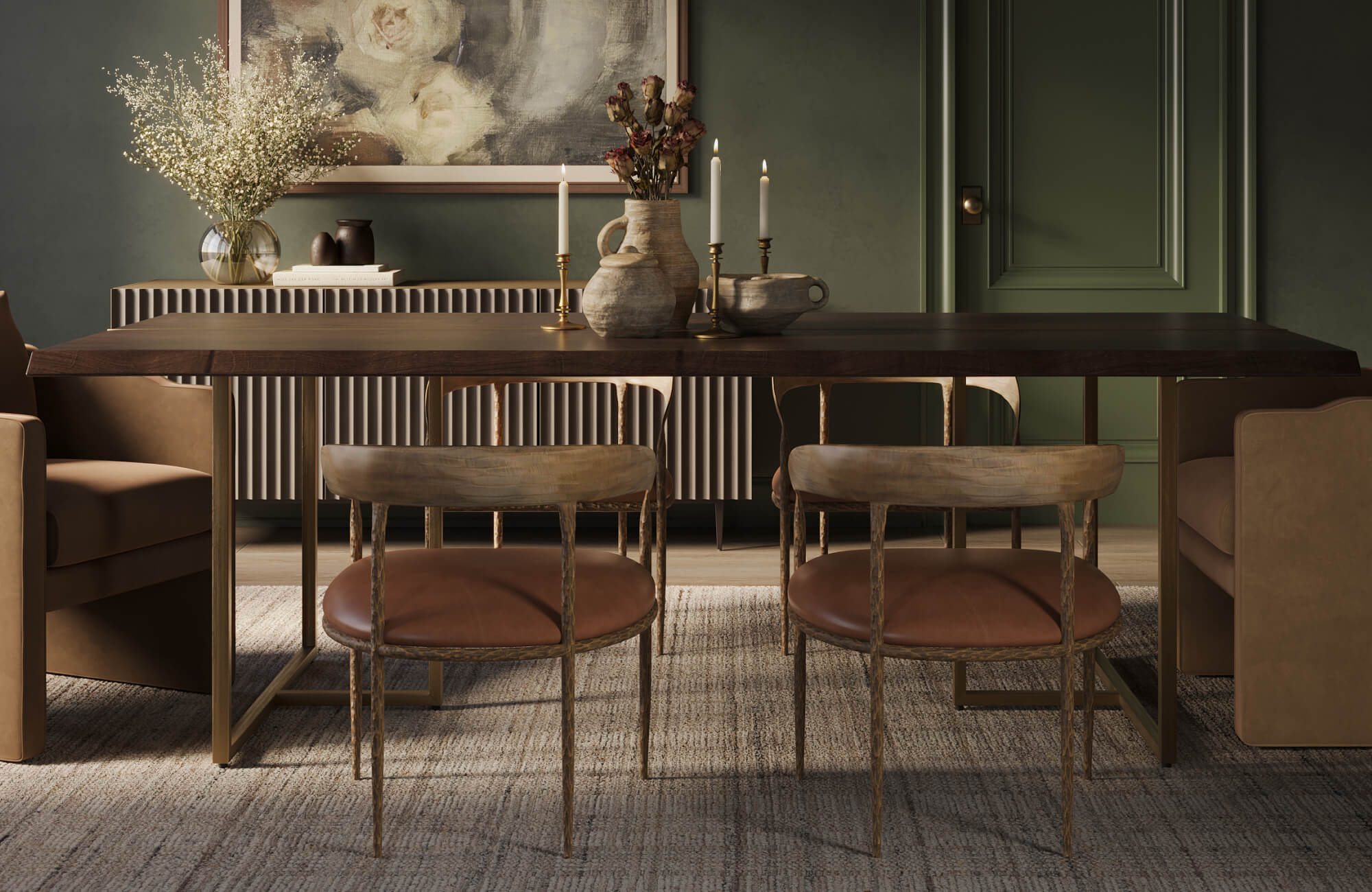 Moody dining room with a dark wood table, sculptural chairs, and earthy decor accents, set against deep green walls and warm lighting.