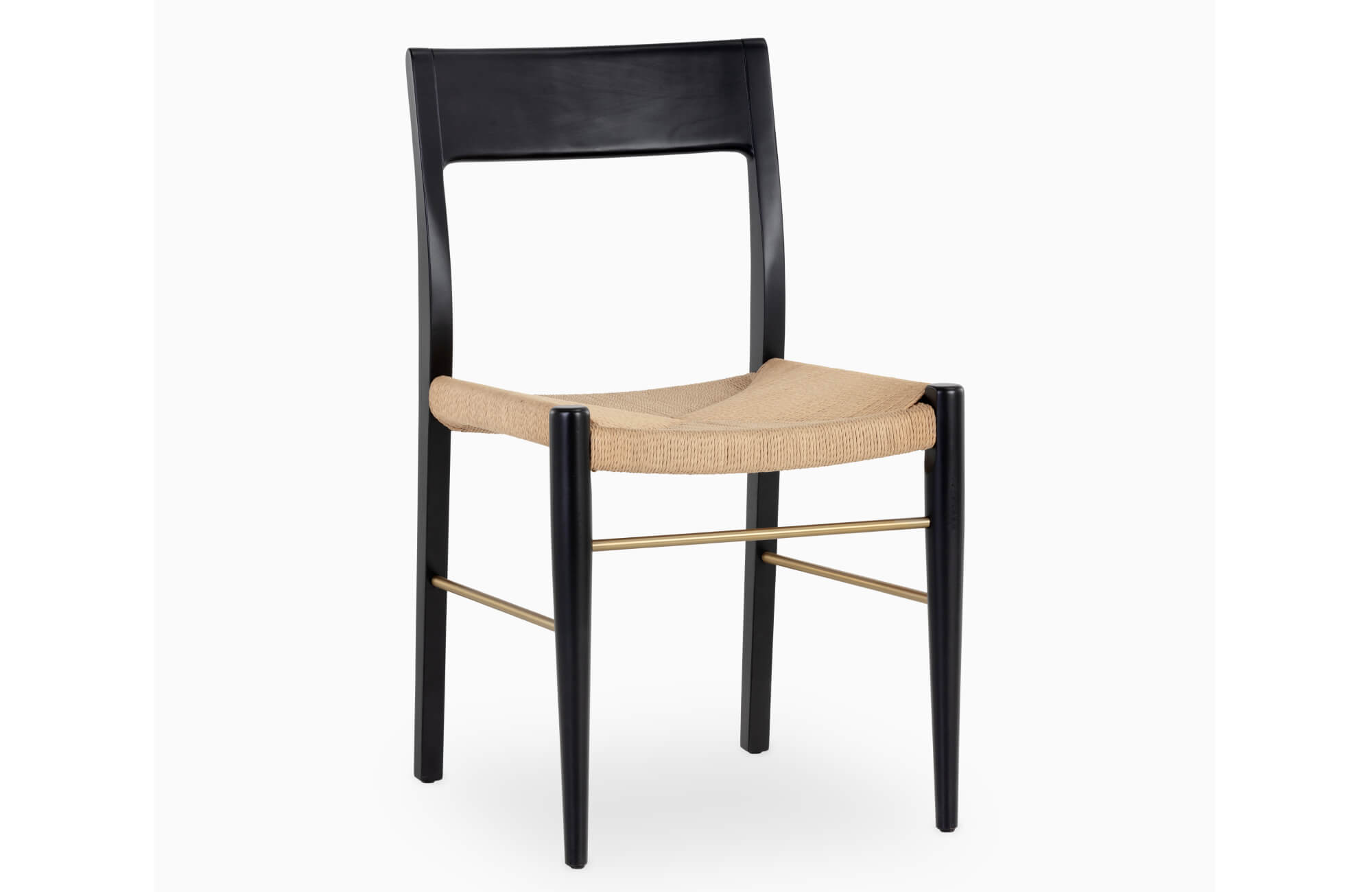 Modern dining chair with a black wood frame, natural woven seat, and brass stretcher bars, blending elegance with organic texture.