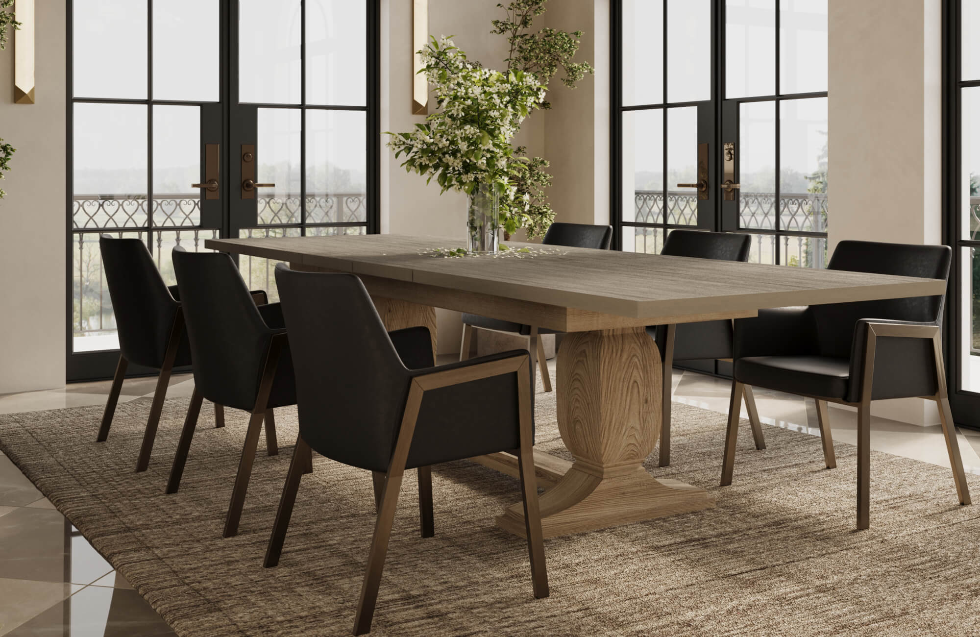 Elegant dining room with a sculpted wood pedestal table, black armchairs with wood frames, and expansive windows for natural light.