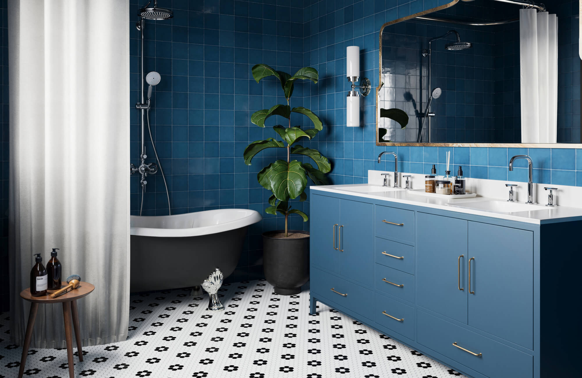 null Contemporary bathroom with blue wall tiles, a matching vanity, and patterned black and white floor tiles for a vibrant look.