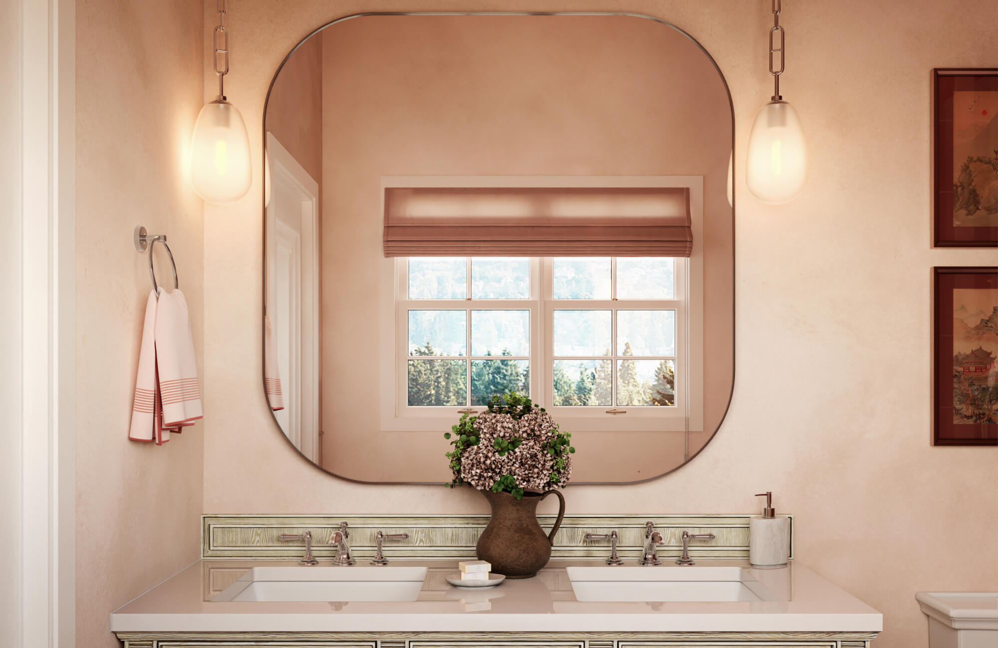 A large wall mirror with softly rounded corners hangs above the double vanity, reflecting natural light from the window and enhancing the bathroom’s warm, elegant design with balanced symmetry and subtle sophistication.