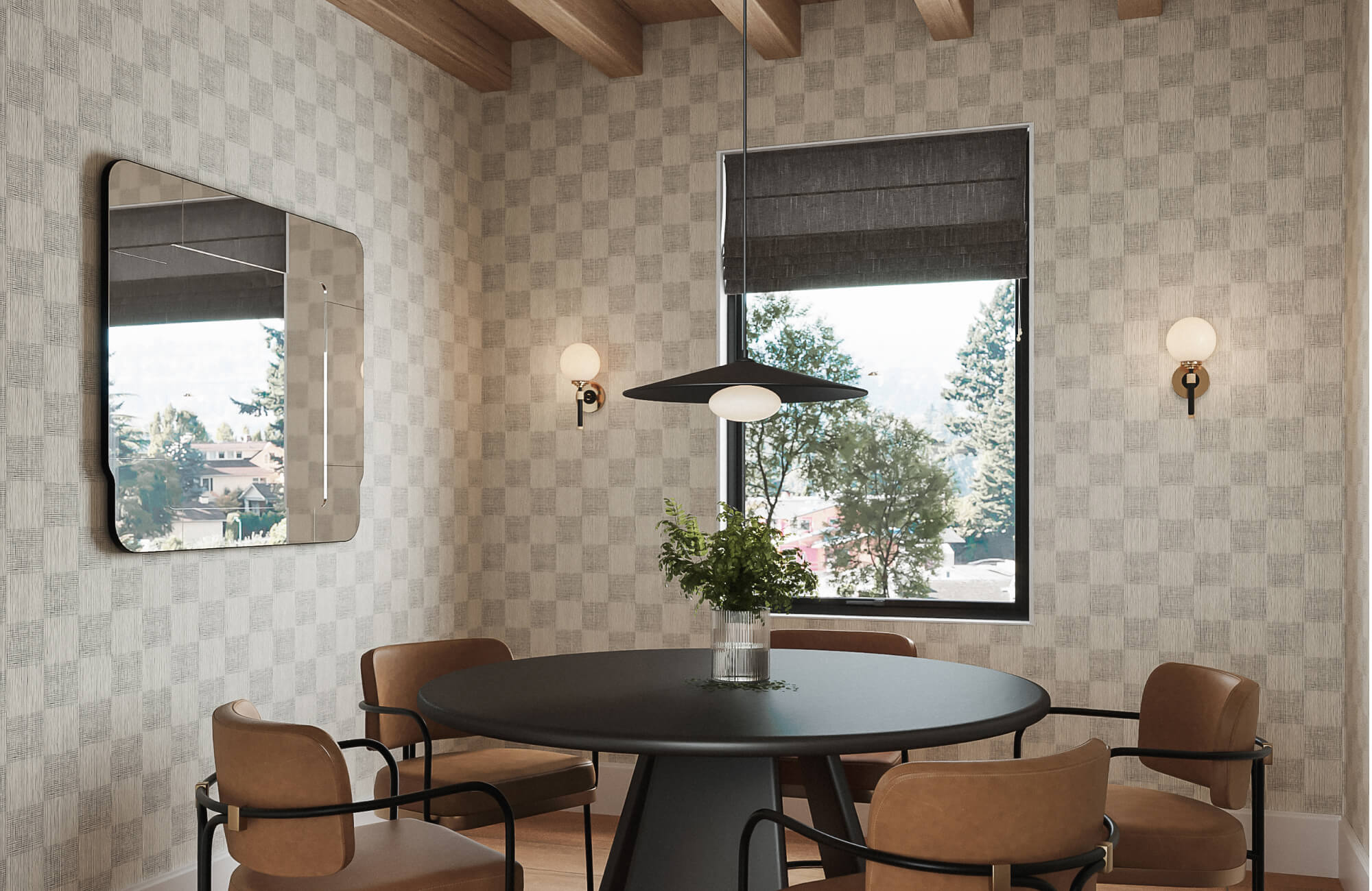 Modern dining room with checkered wallpaper, round black table, leather chairs, pendant light, mirror, and large window.
