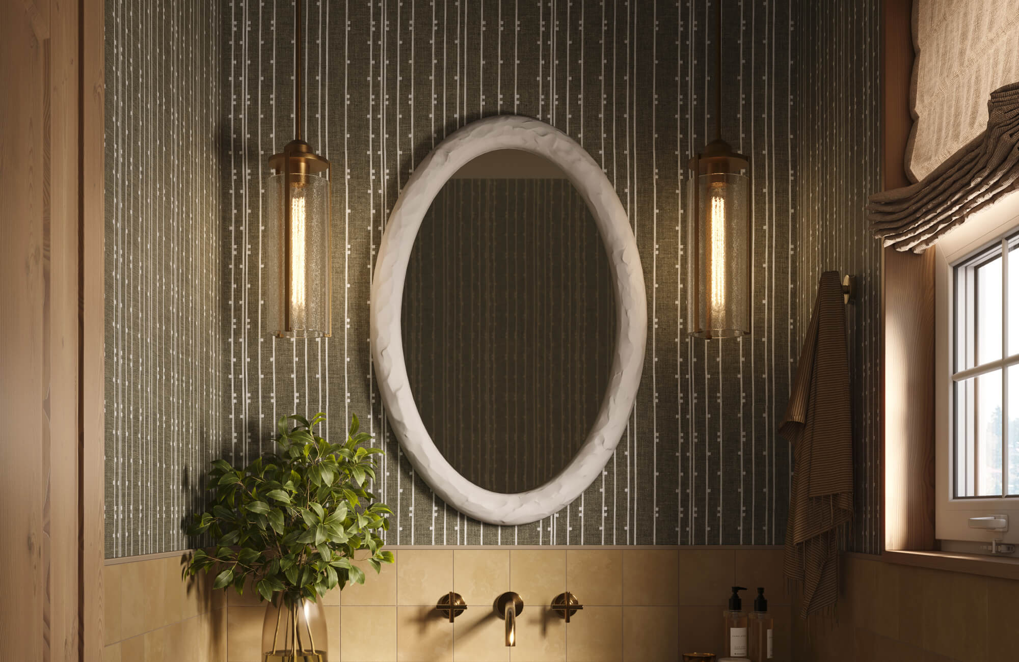 Modern bathroom with vertical striped wallpaper, warm wood accents, oval mirror, brass sconces, and minimalist vanity.