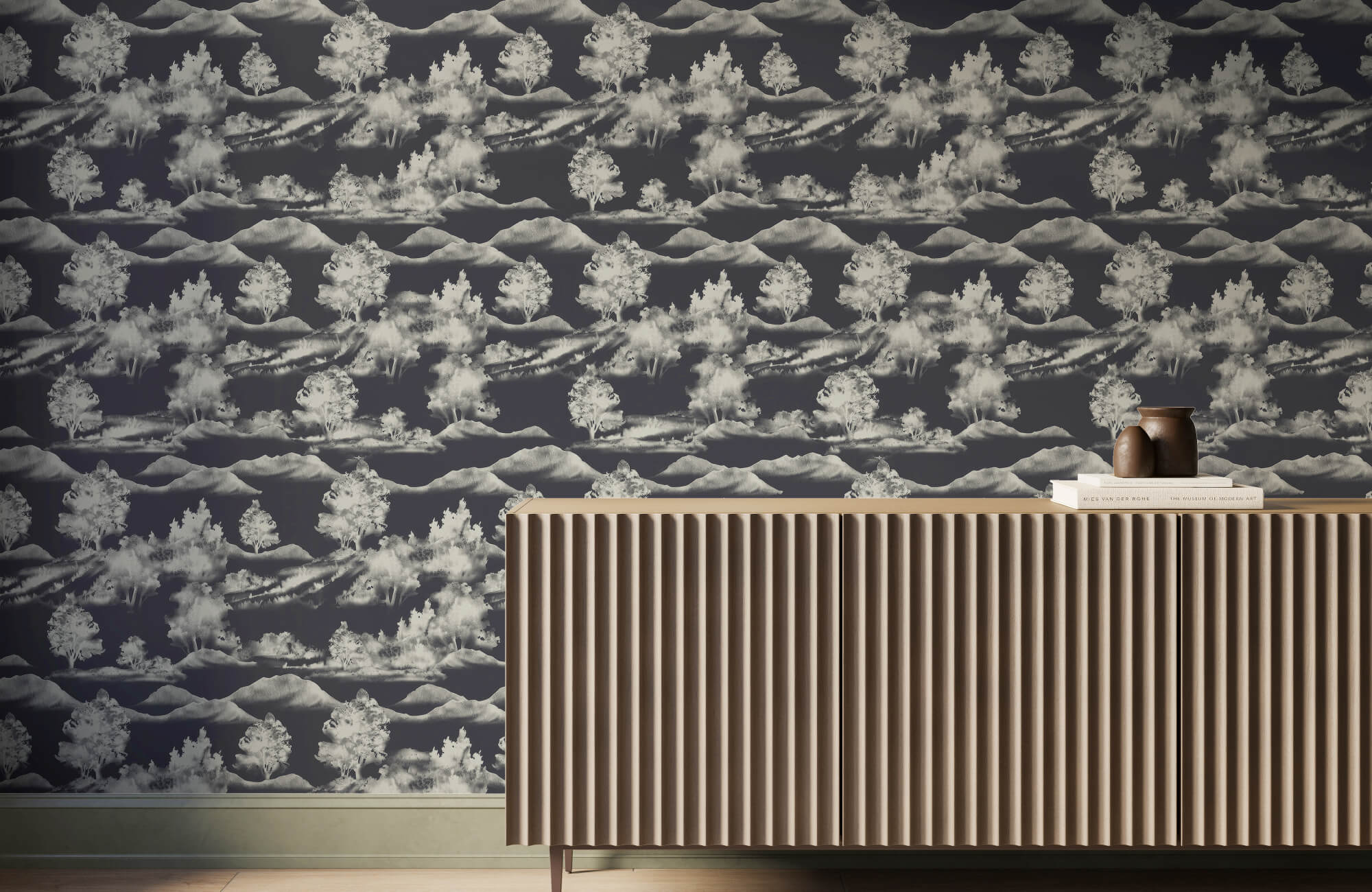 Modern entryway with scenic landscape wallpaper, fluted wood console, neutral decor accents, and soft minimalist styling.