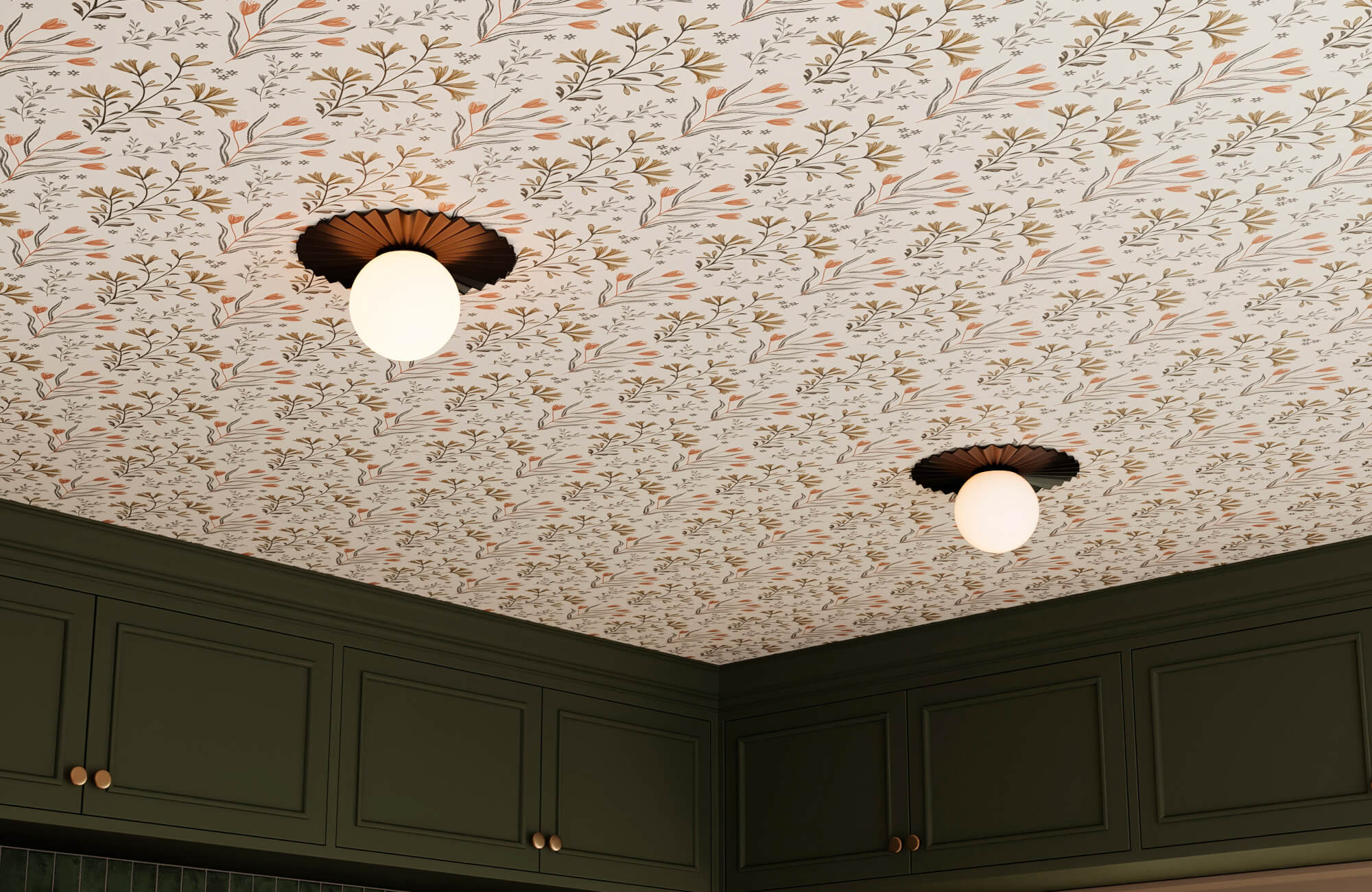 Modern kitchen with floral-patterned ceiling wallpaper, dark paneled cabinetry, and sculptural flush mount lighting.