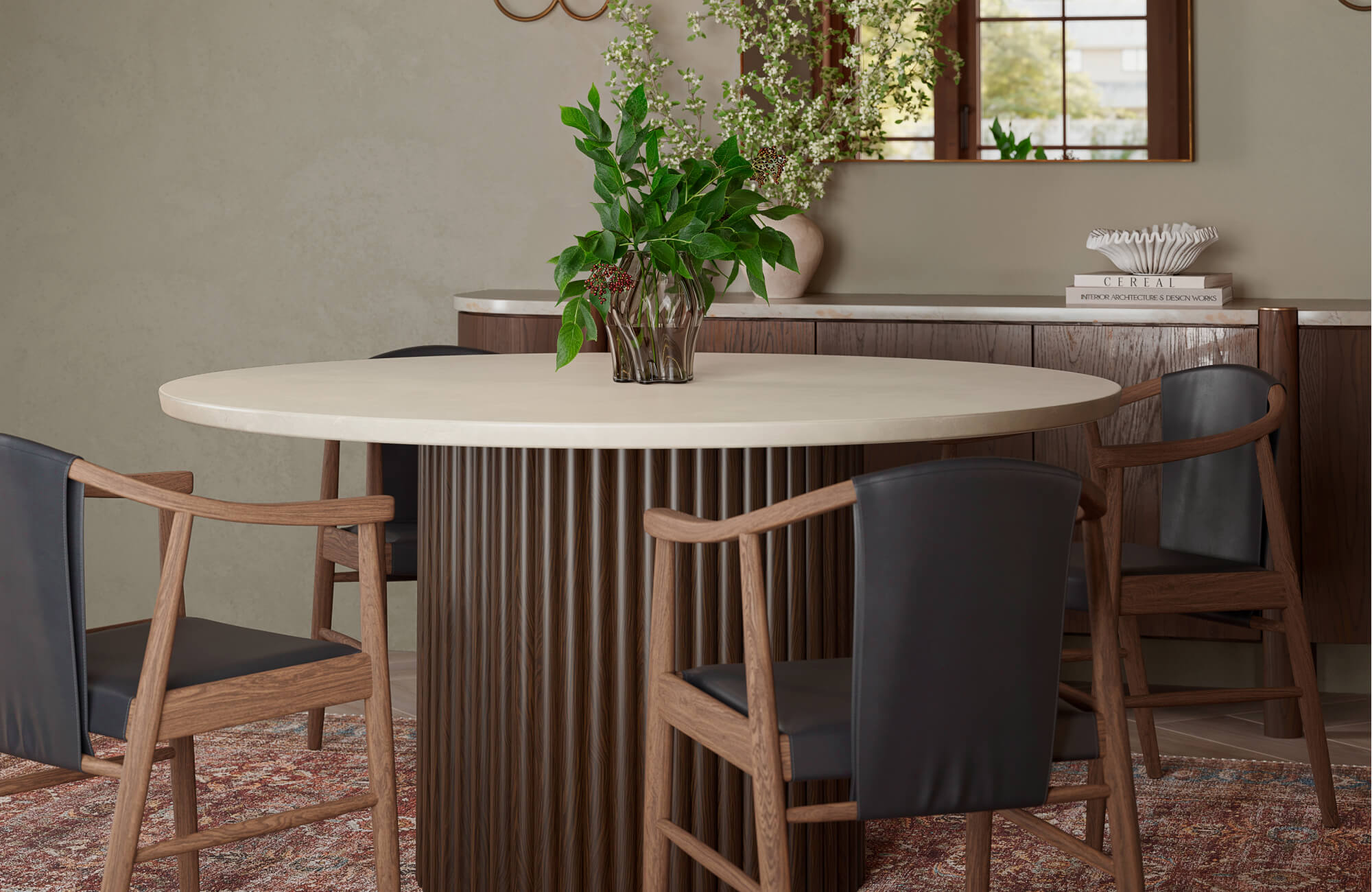 null A stylish dining area featuring a marble dining table with a smooth, rounded top and fluted wooden base, paired with wooden chairs and soft greenery to create a warm, modern, and inviting atmosphere.