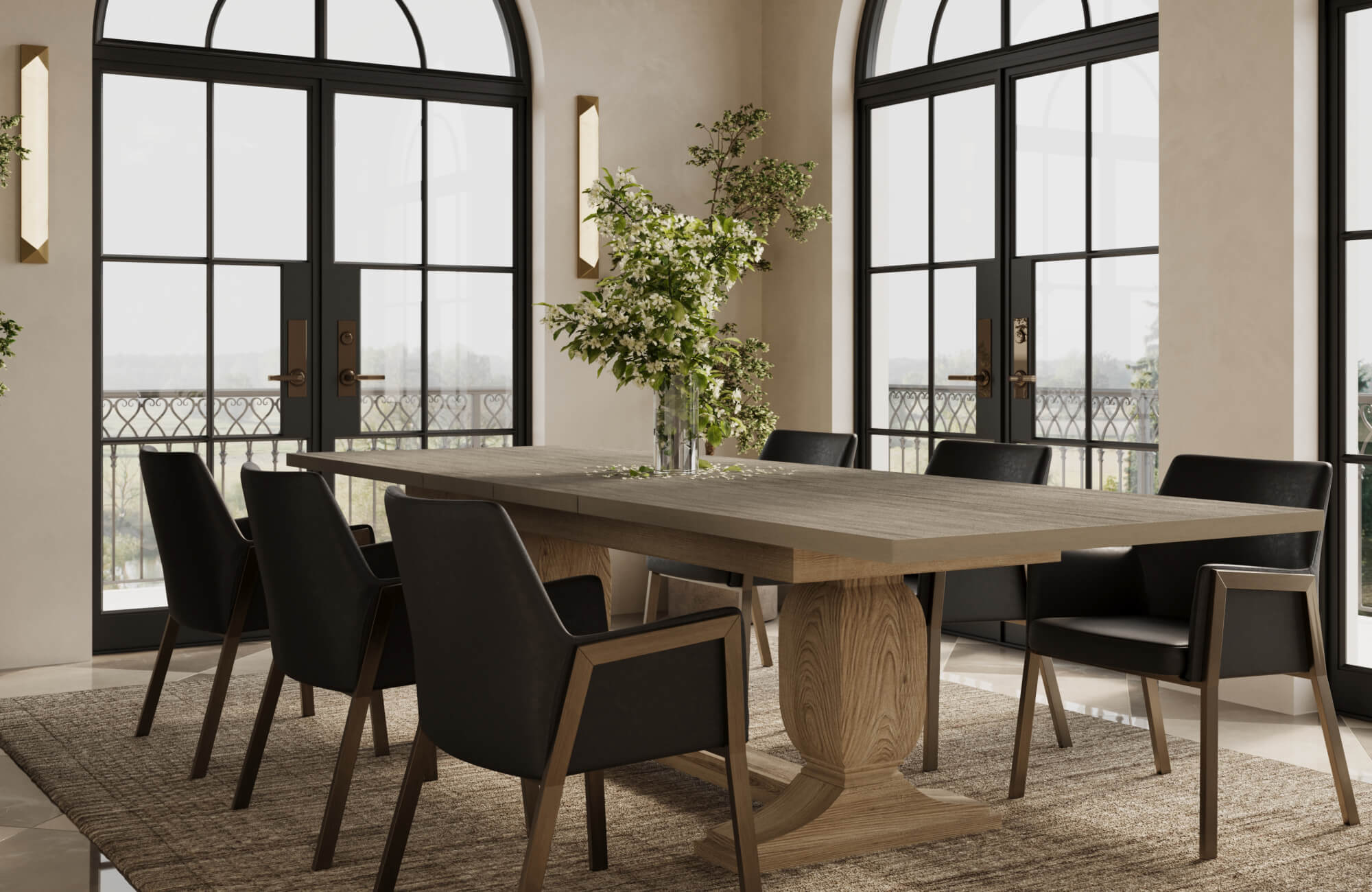 null Spacious, light-filled dining room featuring a long rectangular solid wood dining table with a natural grain finish and sculptural pedestal base, presented as a warm, organic alternative to a marble dining table.
