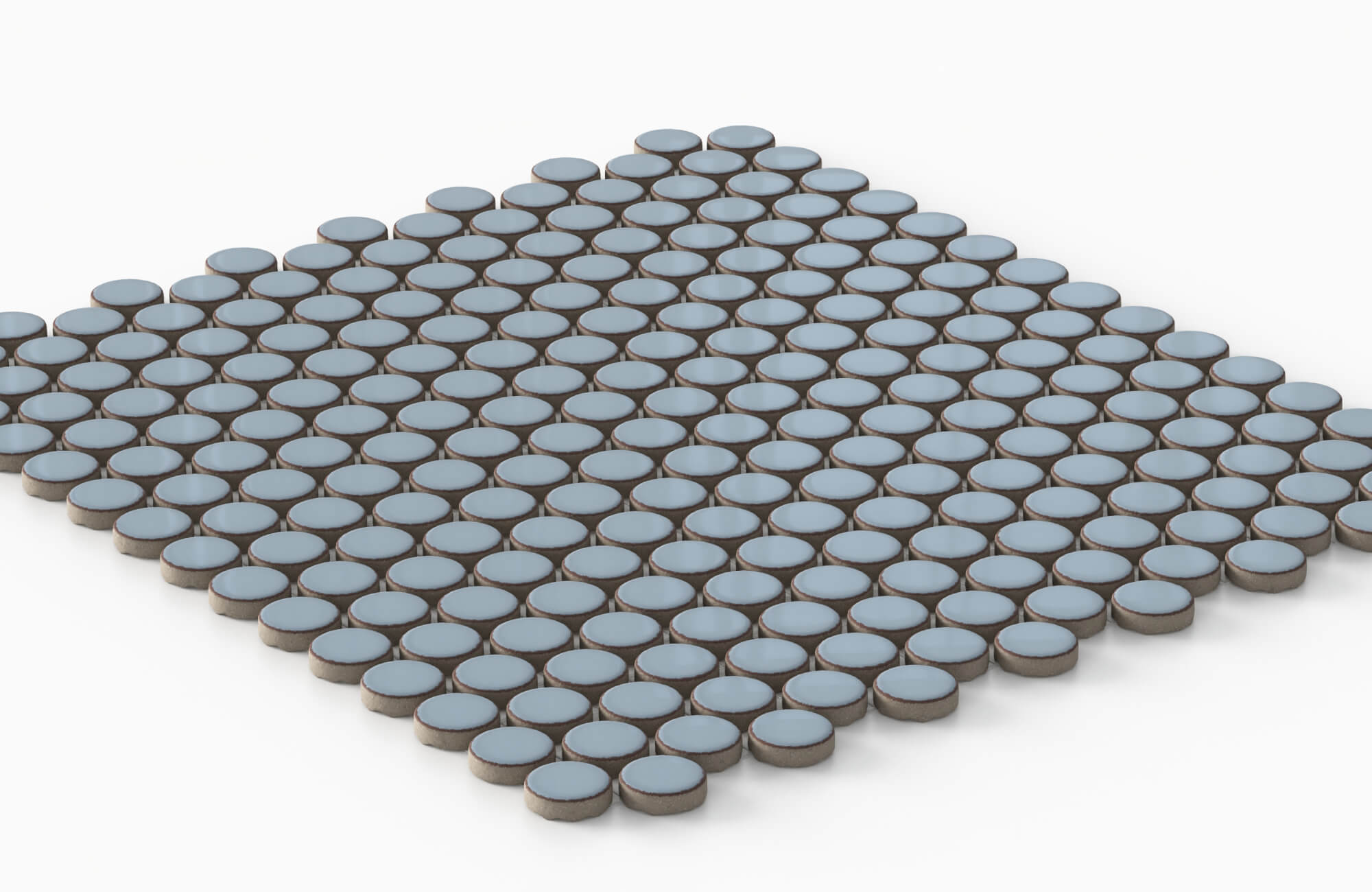 Light blue penny round tile mosaic sheet displayed on a clean white background, highlighting the uniform circular pattern, soft matte finish, and subtle edge detail, ideal for bathroom floors and accent surfaces.