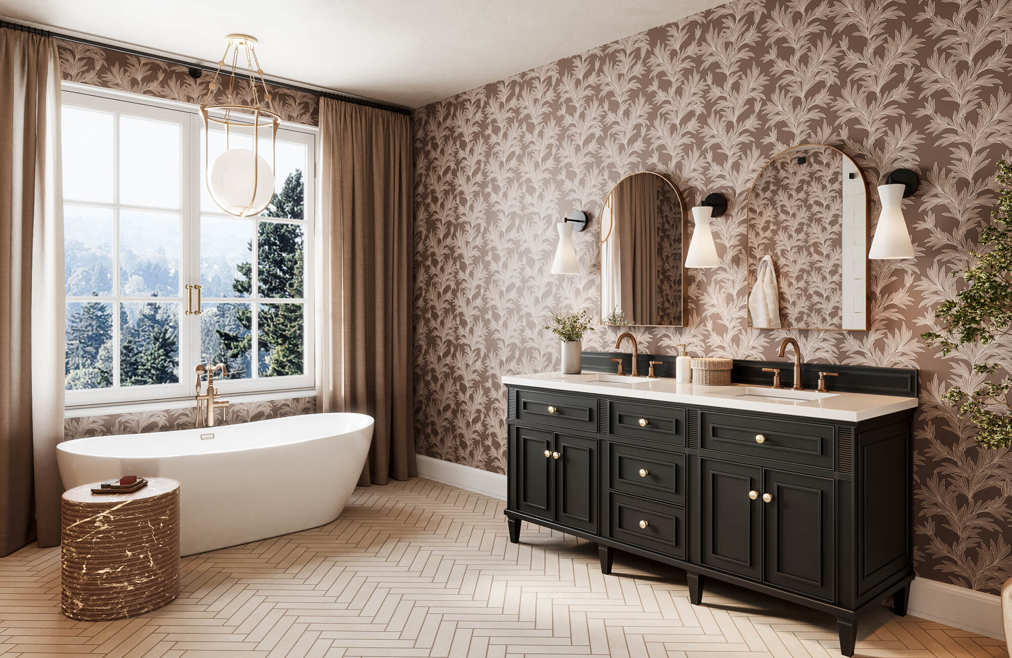 Botanical pattern wallpaper in a warm brown bathroom with a black double vanity, arched mirrors, freestanding tub, and large window.